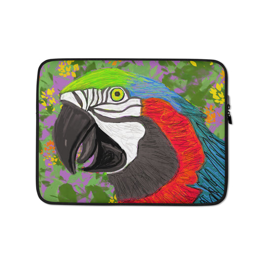 A colorful parrot sits against of fieled of yellow and orange flowers and green leaves, for a unique and special laptop sleeve. 13"