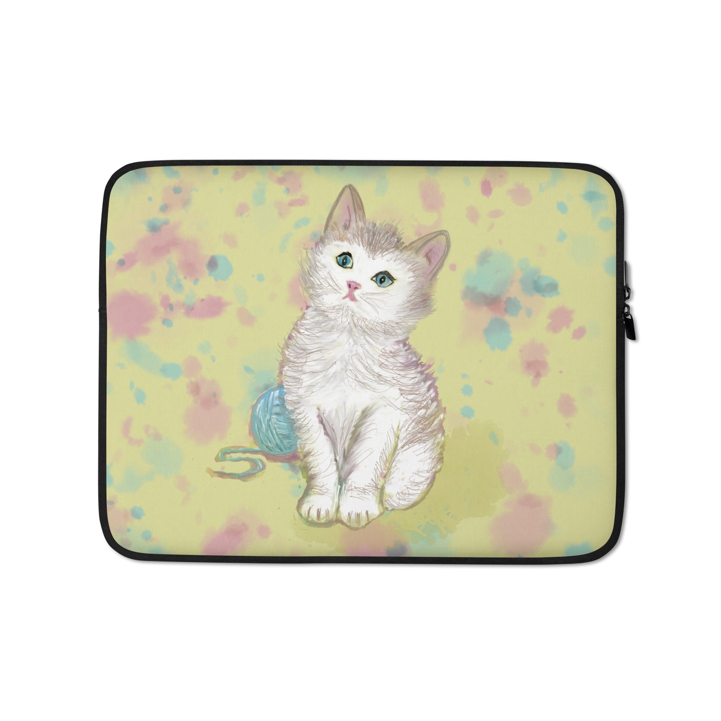 13" laptop sleeve with a sweet design of a kitten with a ball of yarn. One a field of yellow, pink, and blue.