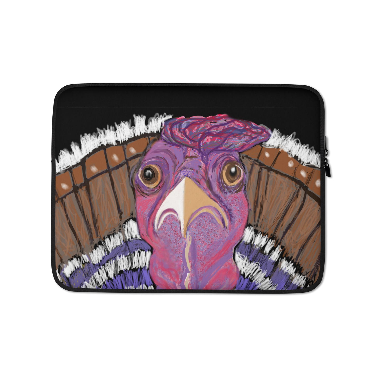 A colorful, modern image of a turkey on a 13" laptop sleeve.