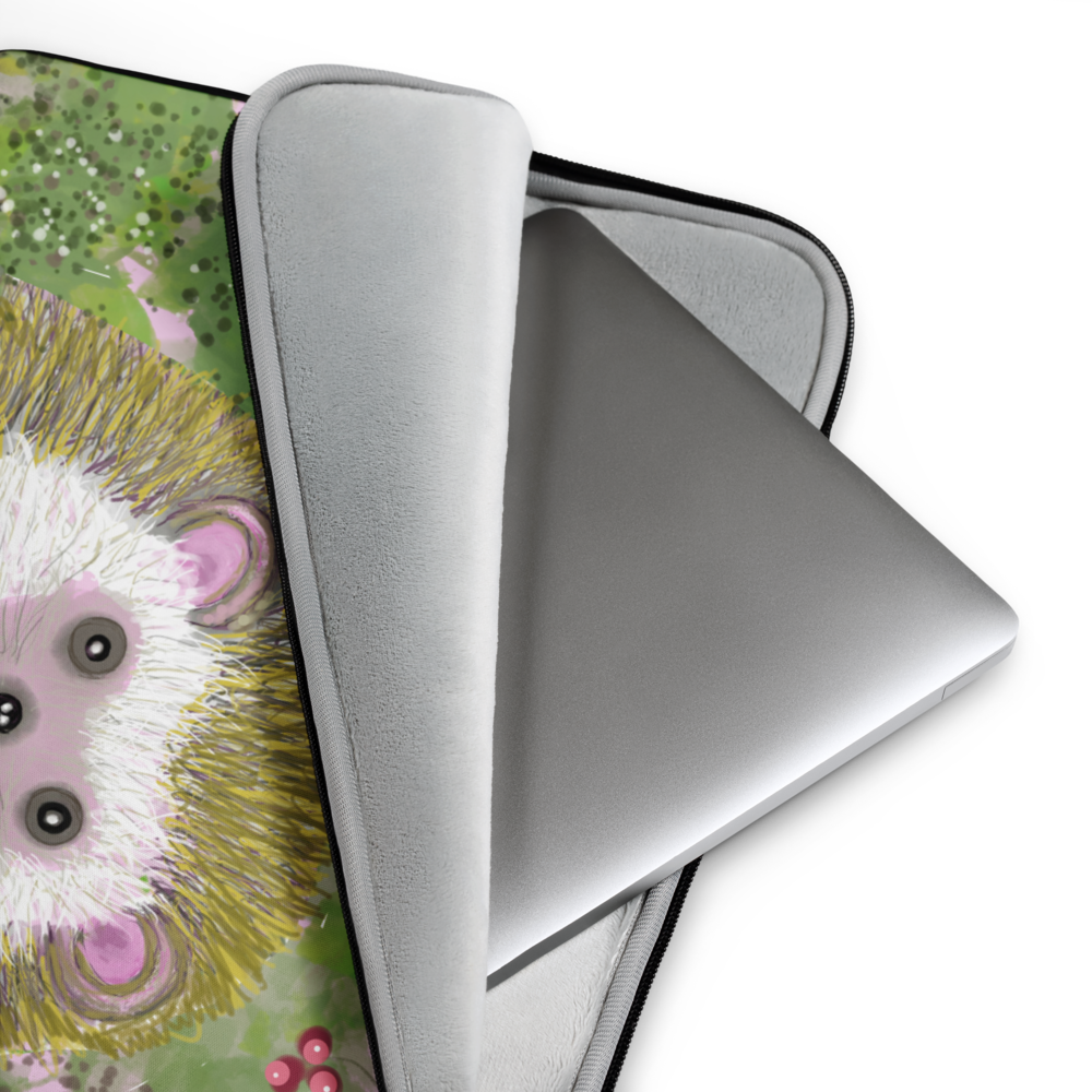 Cute little hedgehog graces the laptop sleeve. Garden animal Hedgehog is shown in a field of green and pink with berries and white butterflies. Hedgehog is a spirit animal and guide to a kind and patient connection to Mother Earth. 