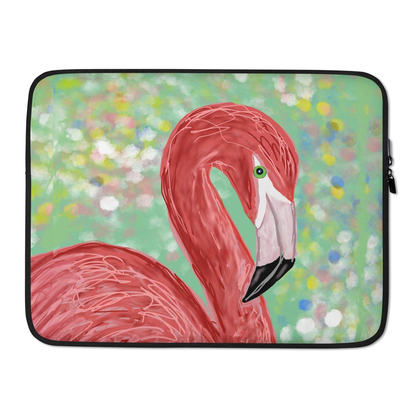 An elegant flamingo graces this laptop sleeve. Sits against a watery background in green, pink, yellow, blue and white. 15"