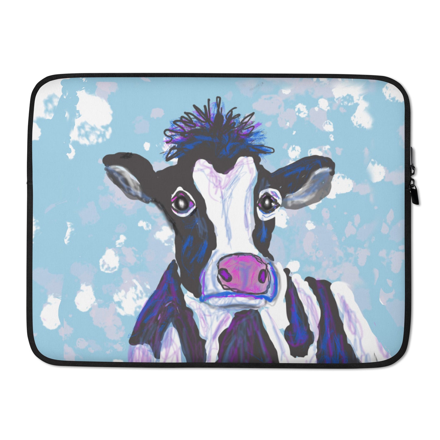 Oh those cow eyes!  A black and white cow against a blue sky dotted with clouds make this laptop sleeve special. 13"