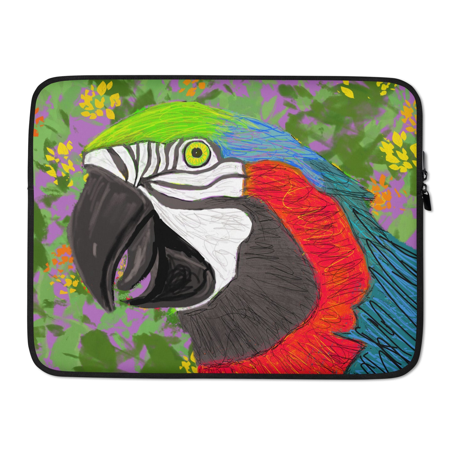 A colorful parrot sits against of fieled of yellow and orange flowers and green leaves, for a unique and special laptop sleeve. 15"