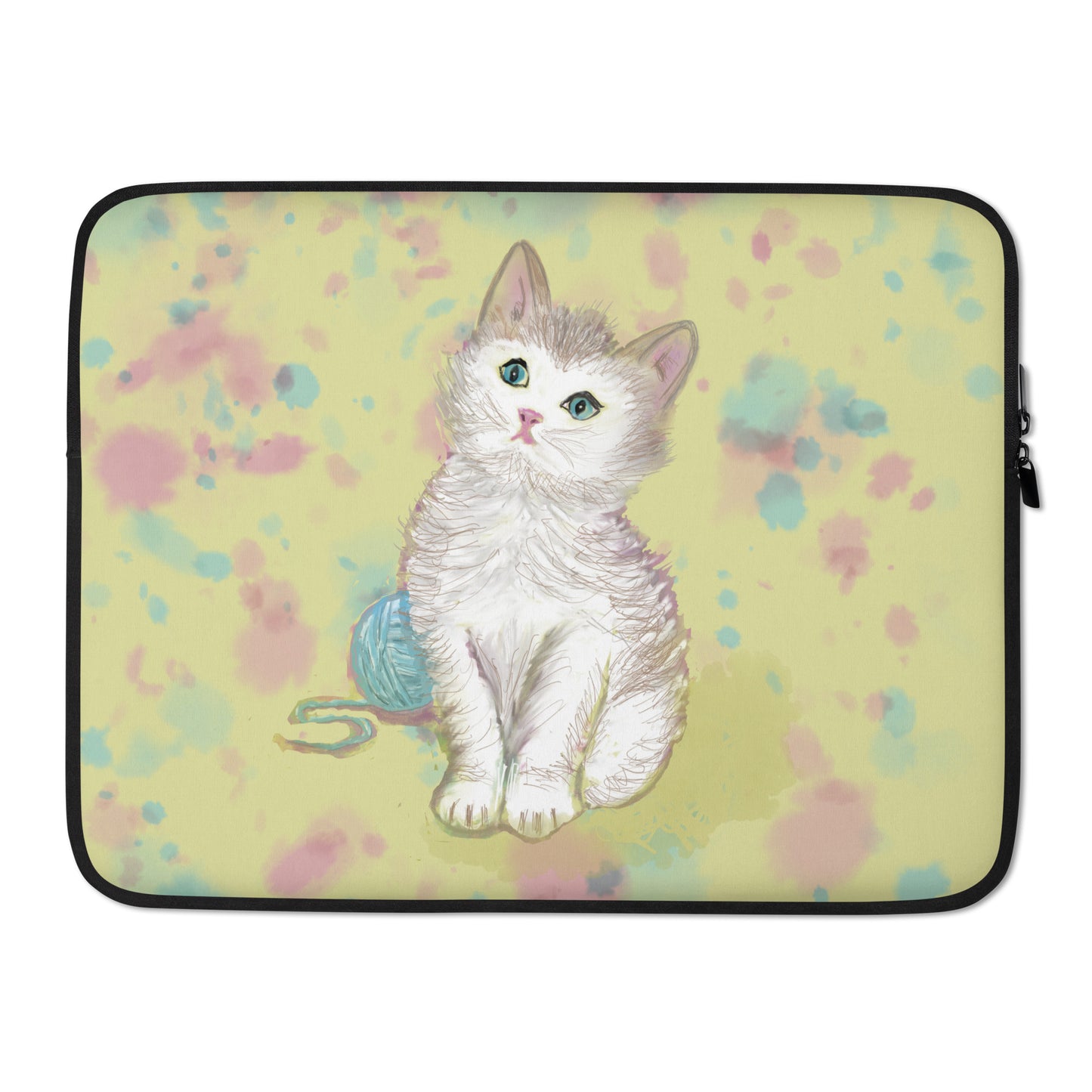 15" laptop sleeve with a sweet design of a kitten with a ball of yarn. One a field of yellow, pink, and blue.