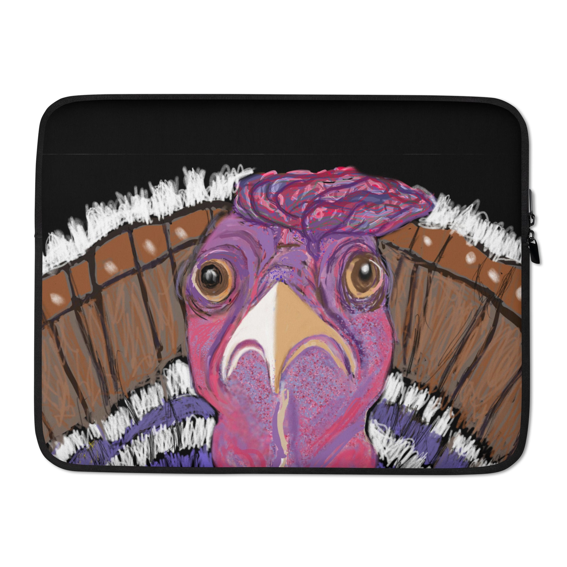 A colorful, modern image of a turkey on a 15" laptop sleeve.