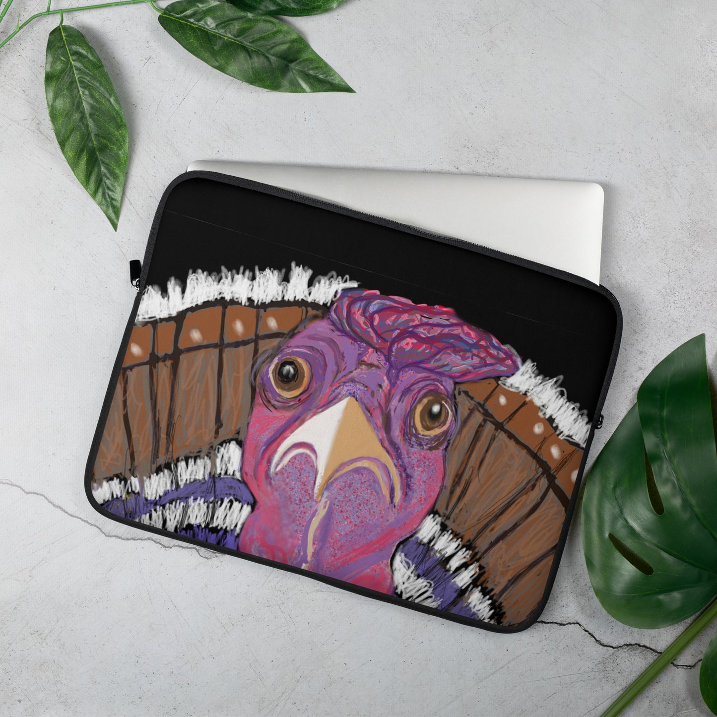 Shows a colorful, expressive image of a turkey on a black background of a 15 inch laptop sleeve.