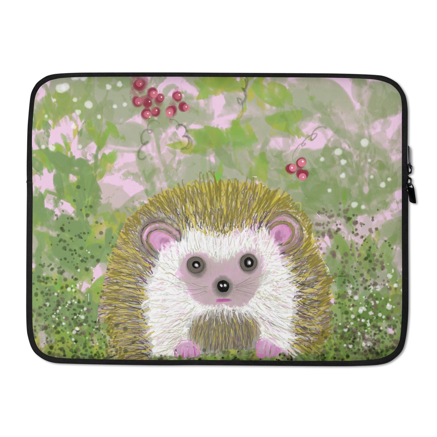 Cute little hedgehog graces the laptop sleeve. Hedgehog is shown in a field of green and pink with berries and white butterflies. Hedgehog is a spirit animal and guide to a kind and patient connection to Mother Earth.