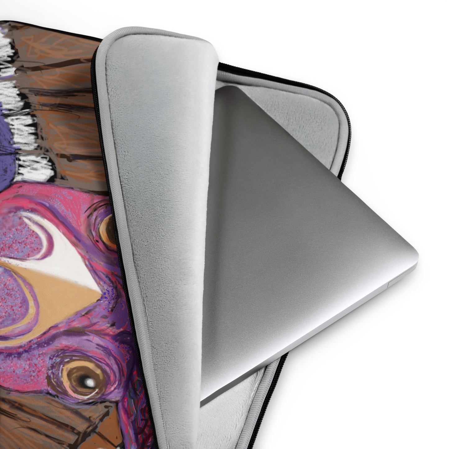 Shows a laptop inside a well-padded  laptop sleeve,. Available in 13" and 15" sizes. Colorful, expressive image of a turkey on a black background. 