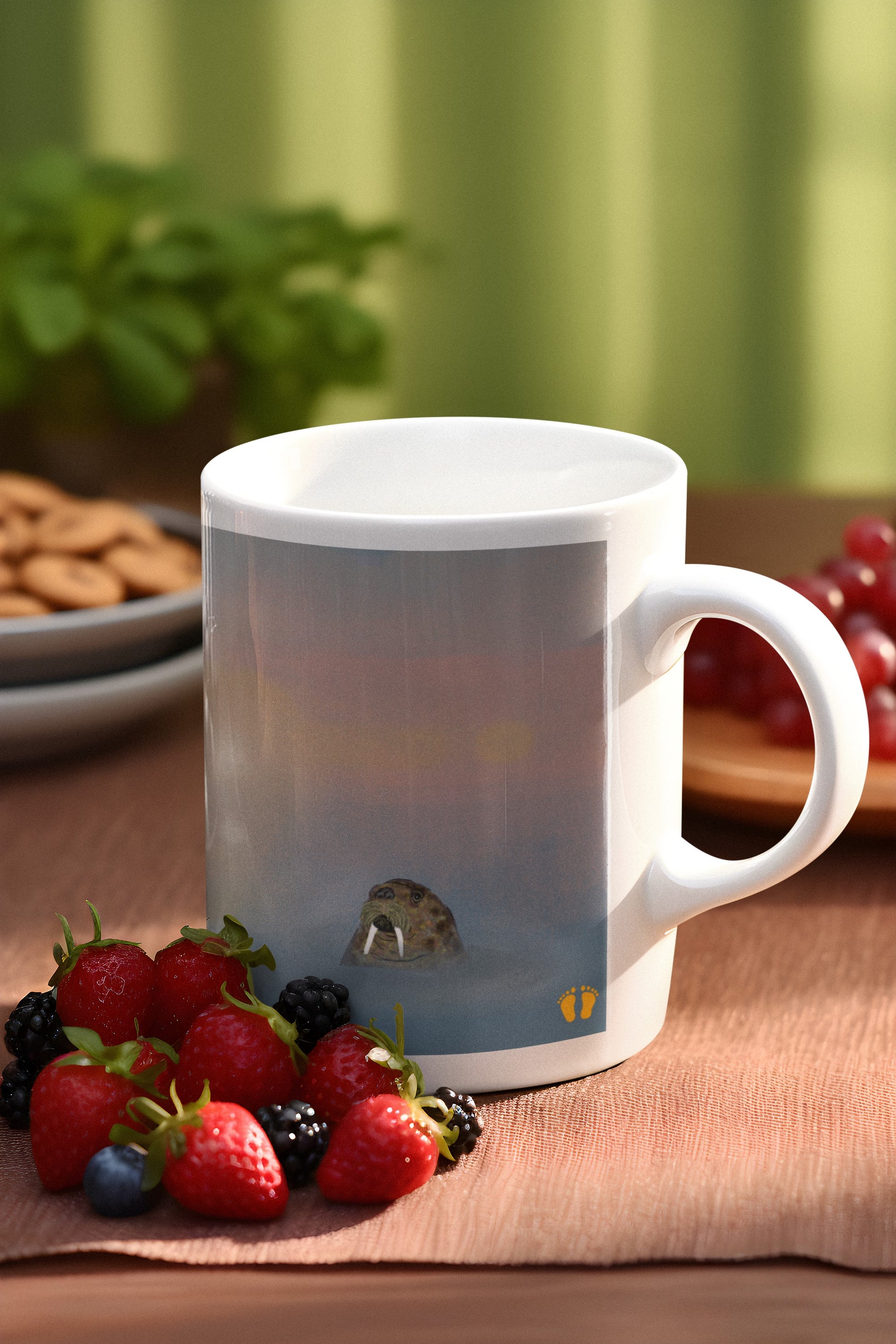 Walrus  ceramic coffee mug, 11 oz. Gentle giant, spirit guide, medicine man. Walrus head popping out of the misty arctic sea. Product mockup shown on wood table next to strawberries.