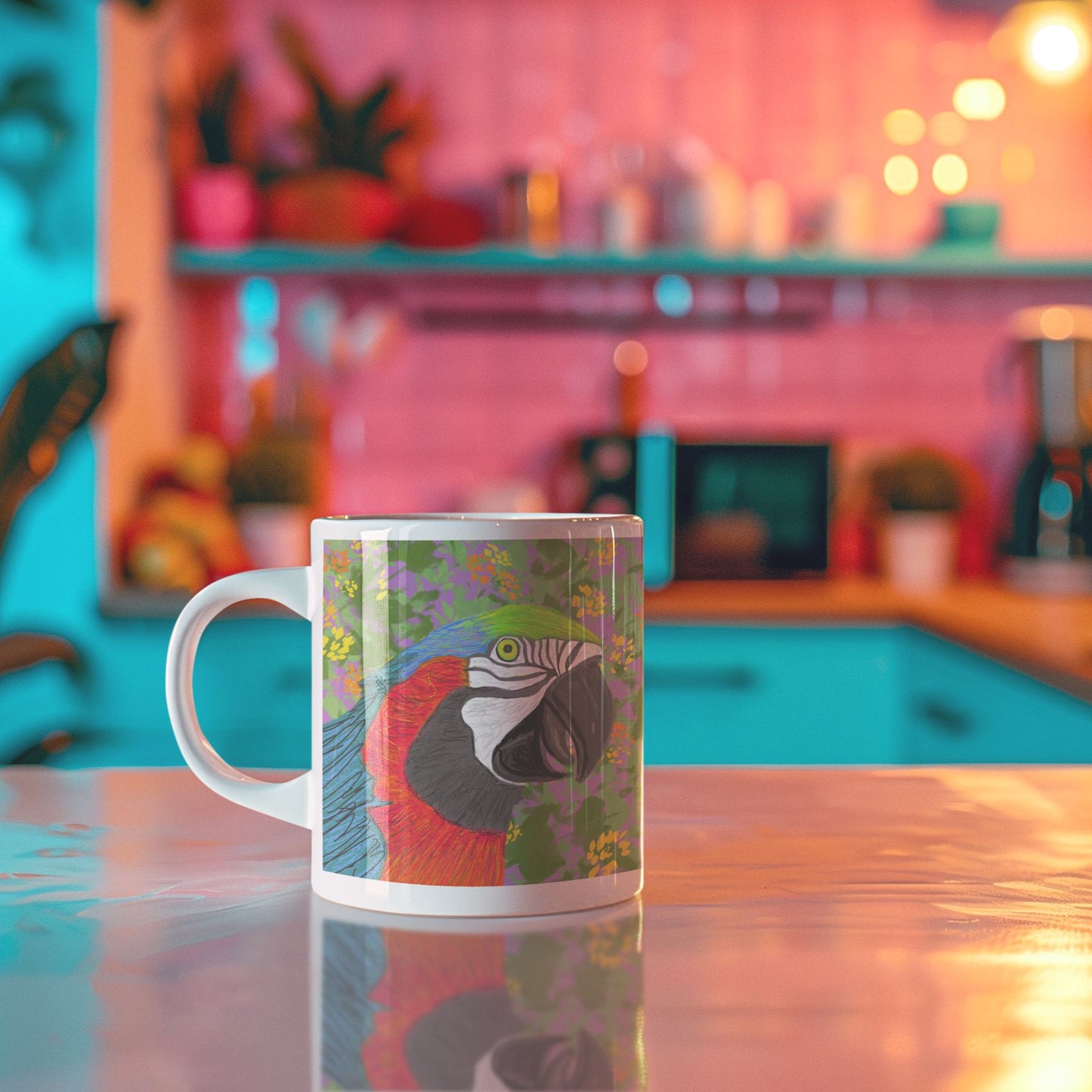 Parrot Spirit Mug with a colorful, original parrot design on a wooden table in a colorful kitchen 