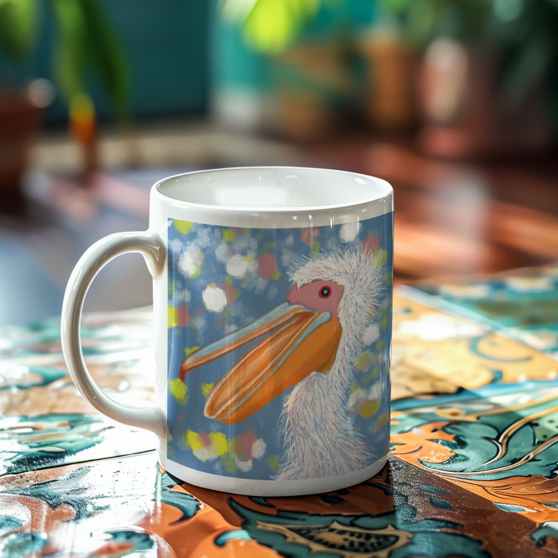 Pelican spirit mug with an original design on a colorful table