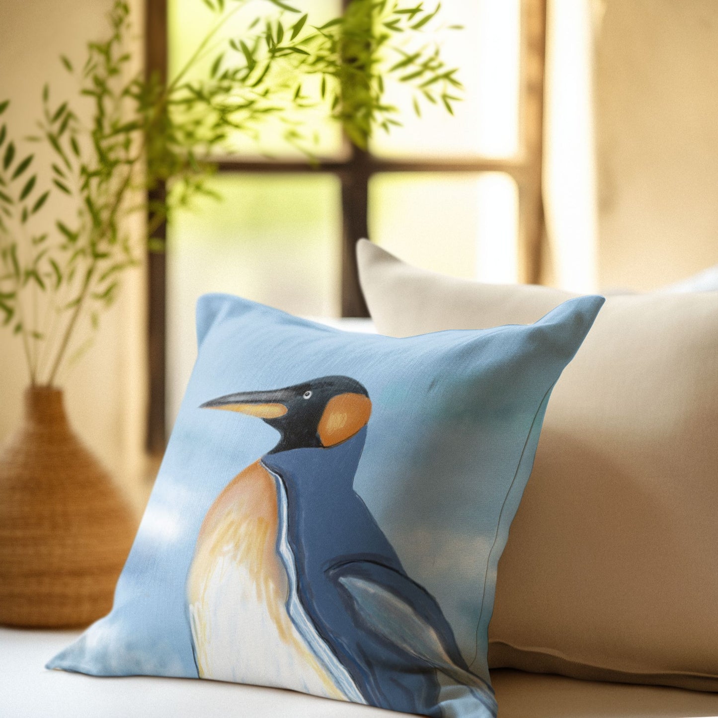 Penguin illustration on a decorative pillow in a quiet and peaceful, Zen-like room.
