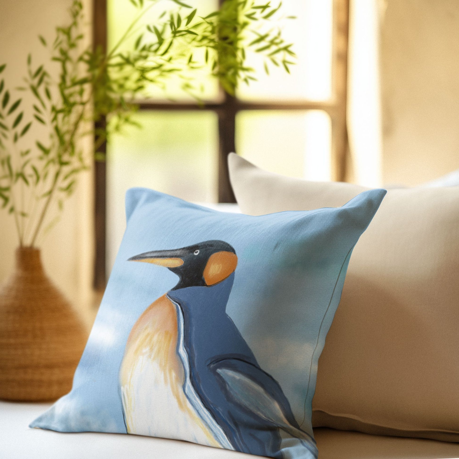 Penguin illustration on a decorative pillow in a quiet and peaceful, Zen-like room.