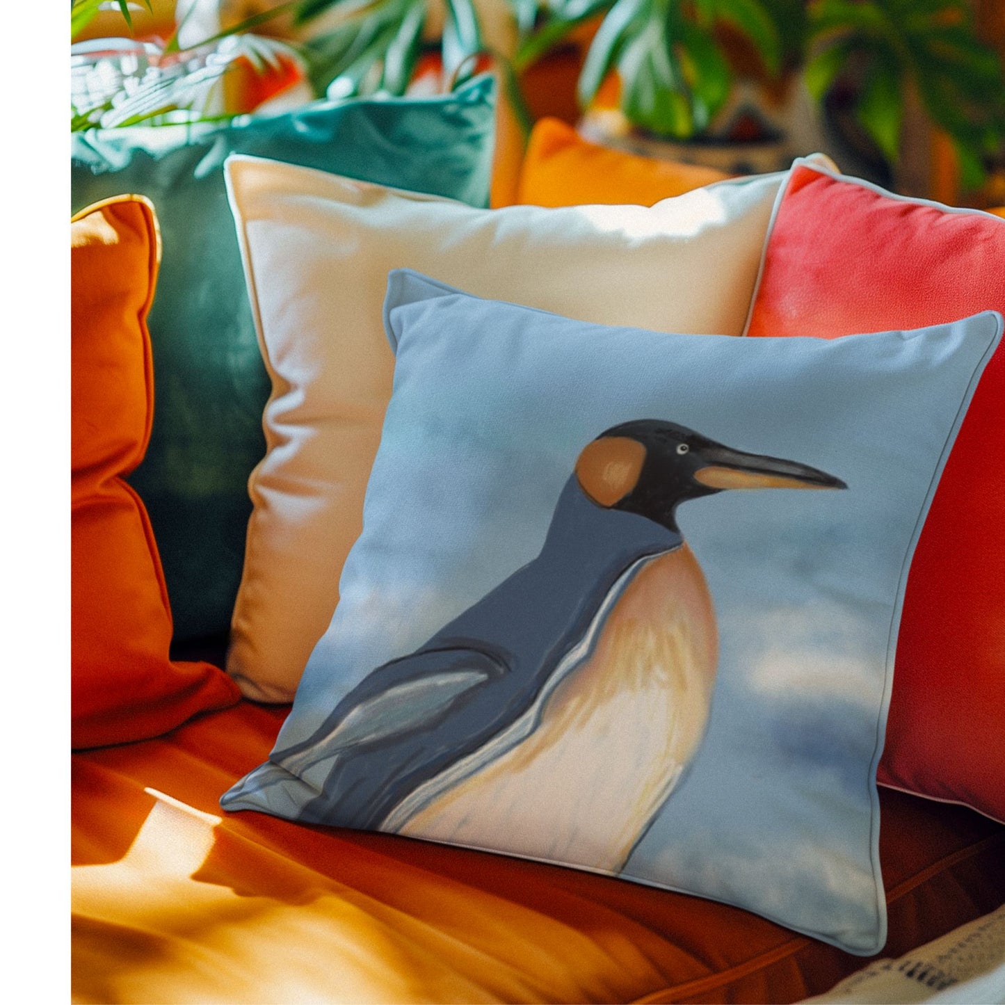 Pillow with a penguin design on a bright and colorful sofa in a sunny room.