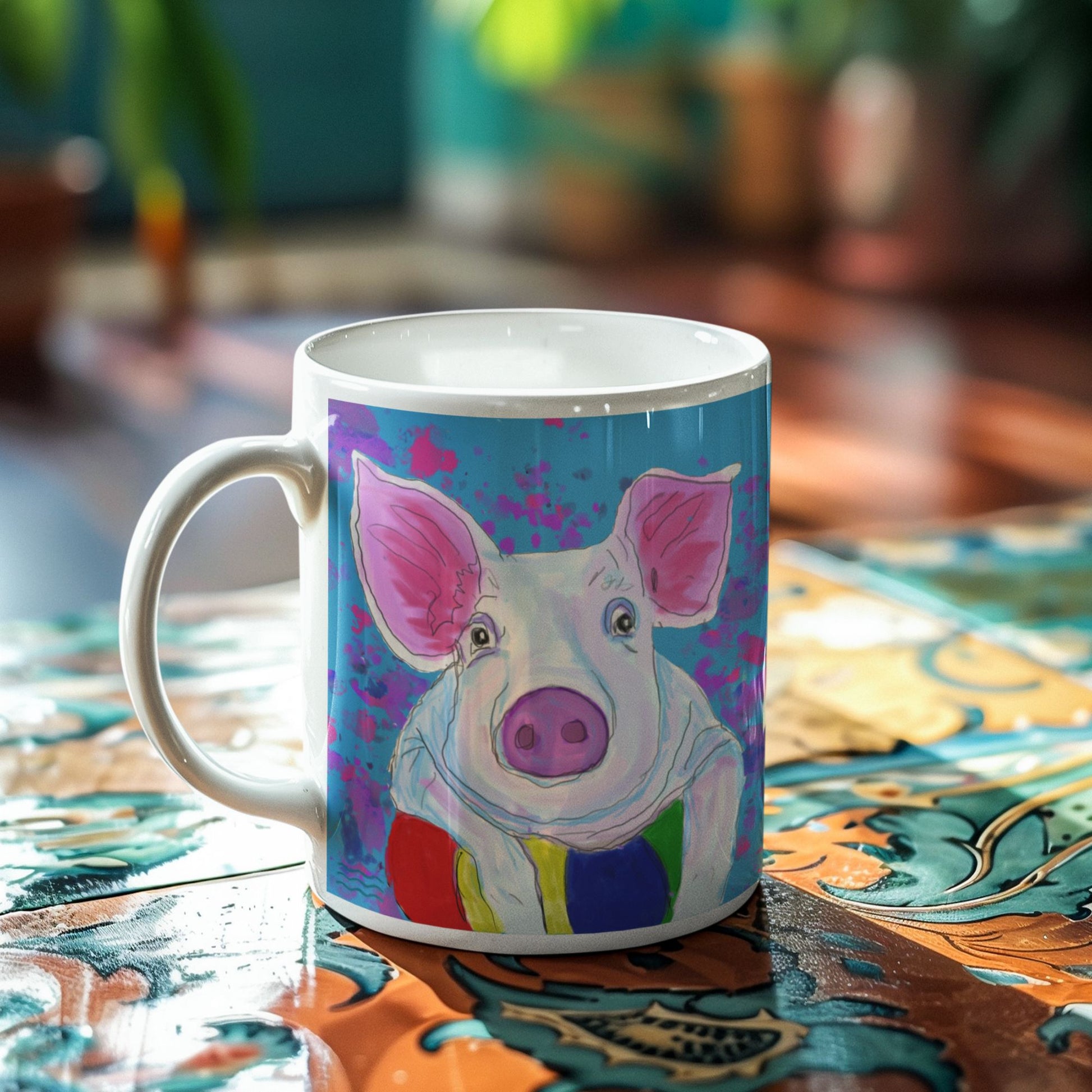 Colorful pig spirit mug with an original design on a patterned table