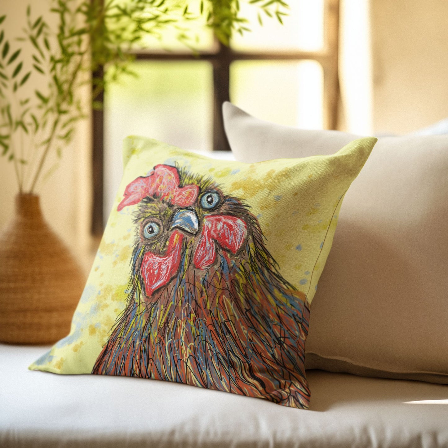 Decorative pillow with a rooster design on a couch