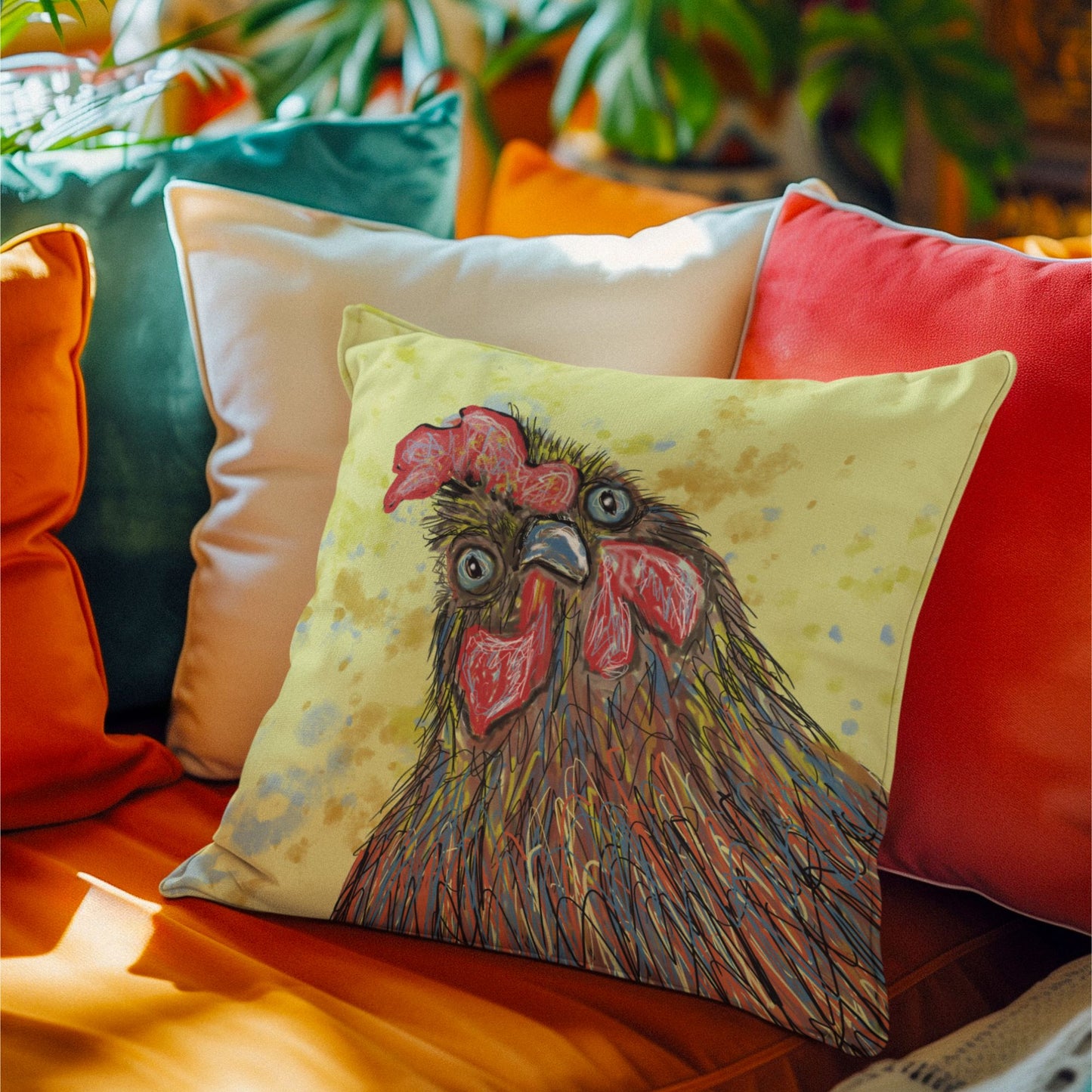 Colorful pillows sit behind a rooster pillow on a couch.