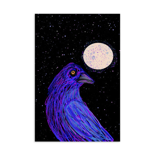 Postcard with image of a golden-eyed crow and the full moon. A spirit animal symbolizing mystery and magic.