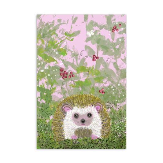 Sweet postcard with an image of the garden animal, the hedgehog.  Image shows hedgehog in a bramble of vines and berries, with a white moth. Hedgehog, with his sweet face, is gentle and kind spirit animal / spirit guide connected to Mother Earth. Standard size, 4x6, vertical alignment postcard.