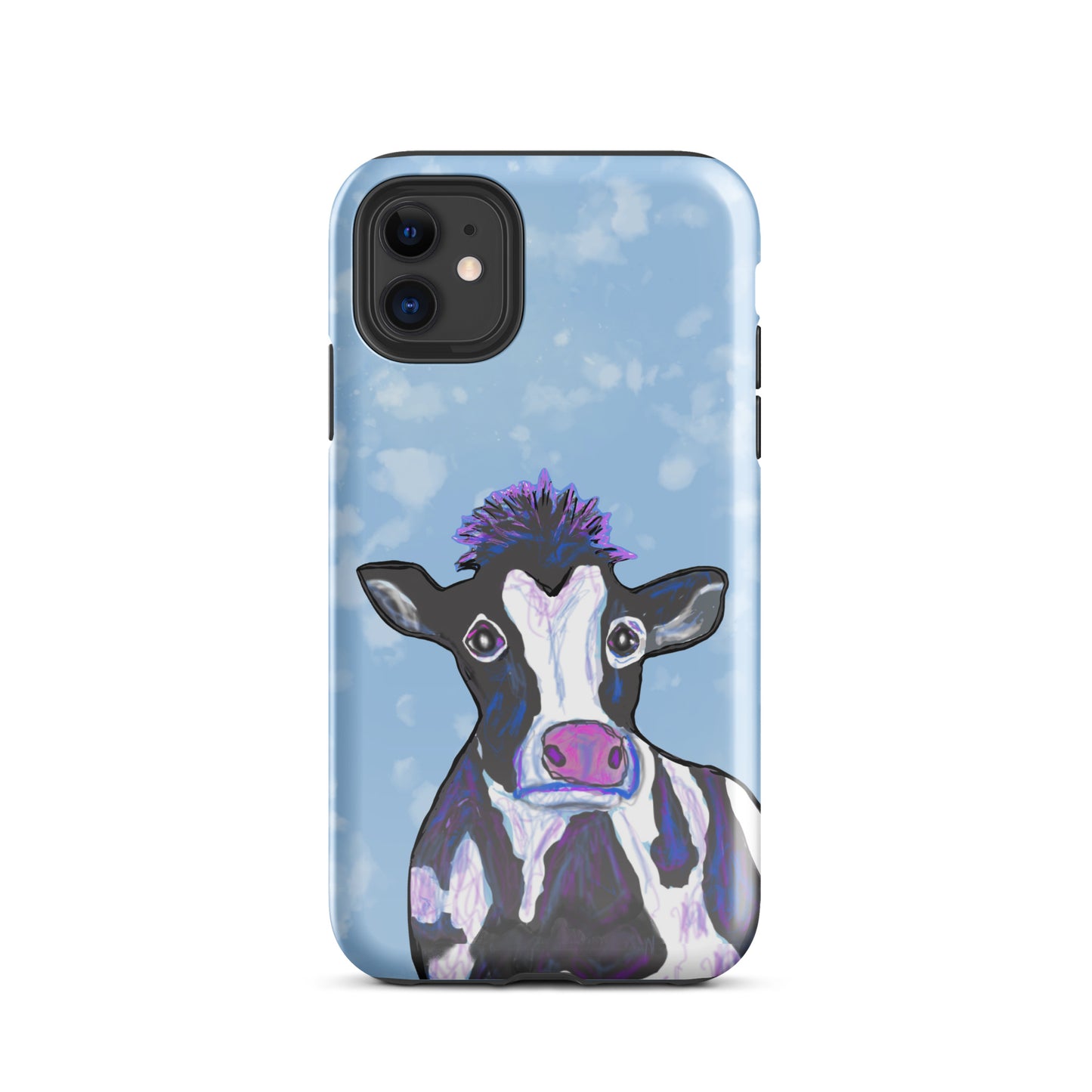 Soulful cow design on an iPhone 11 case. Cow has black and white spots, a pink nose and big, soulful eyes.