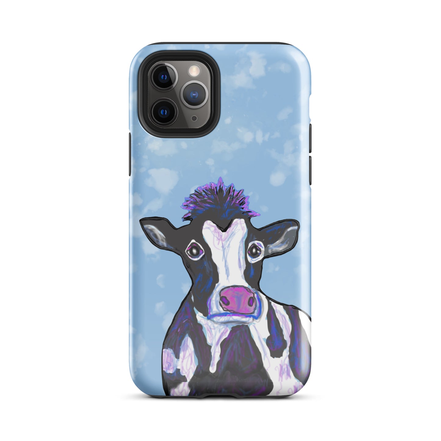 Soulful cow design on an iPhone 11-Pro case. Cow has black and white spots, a pink nose and big, soulful eyes.