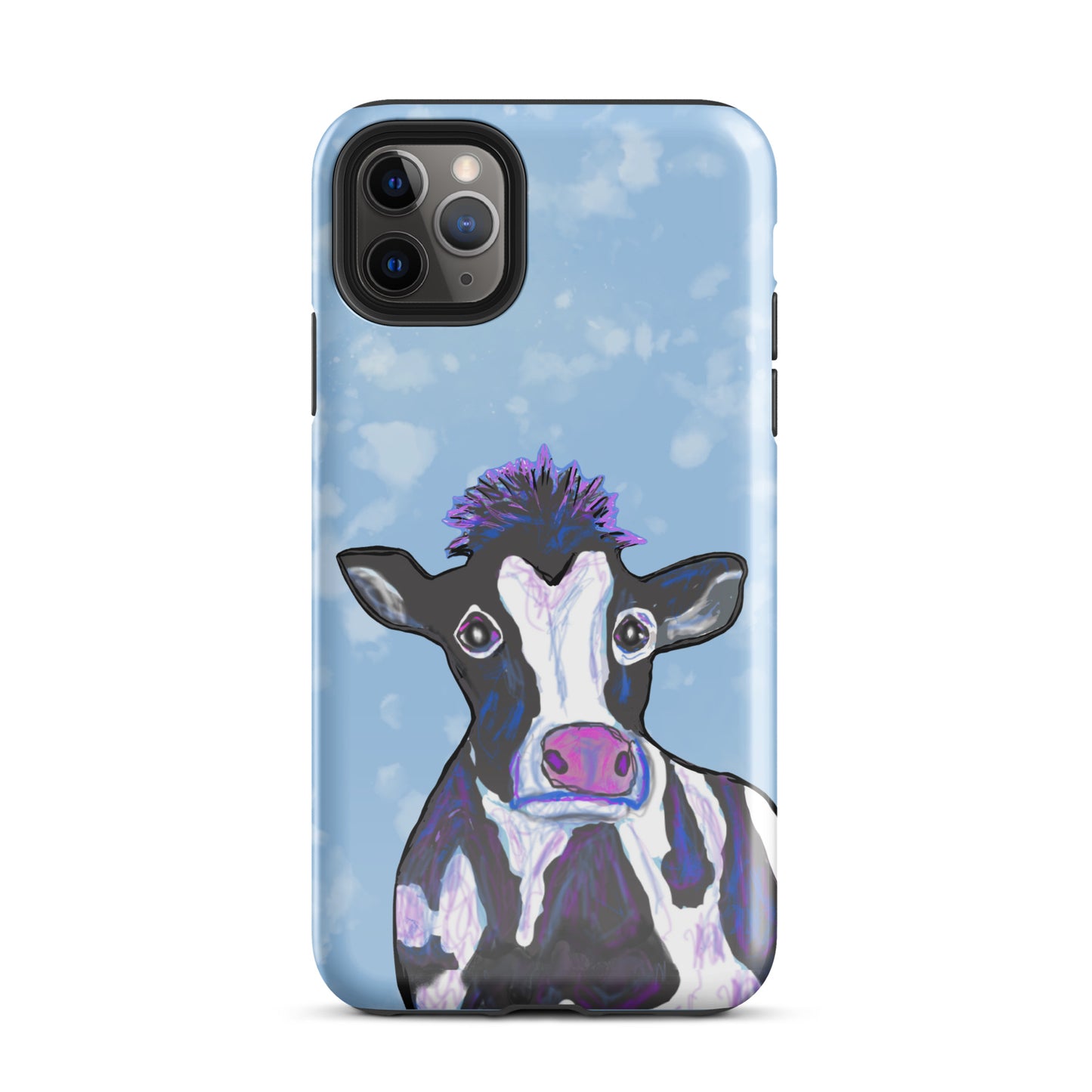 Soulful cow design on an iPhone 11 Pro Max case. Cow has black and white spots, a pink nose and big, soulful eyes.