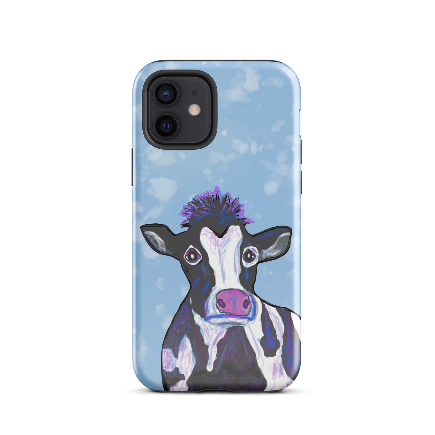 Soulful cow design on an iPhone 12 case. Cow has black and white spots, a pink nose and big, soulful eyes.