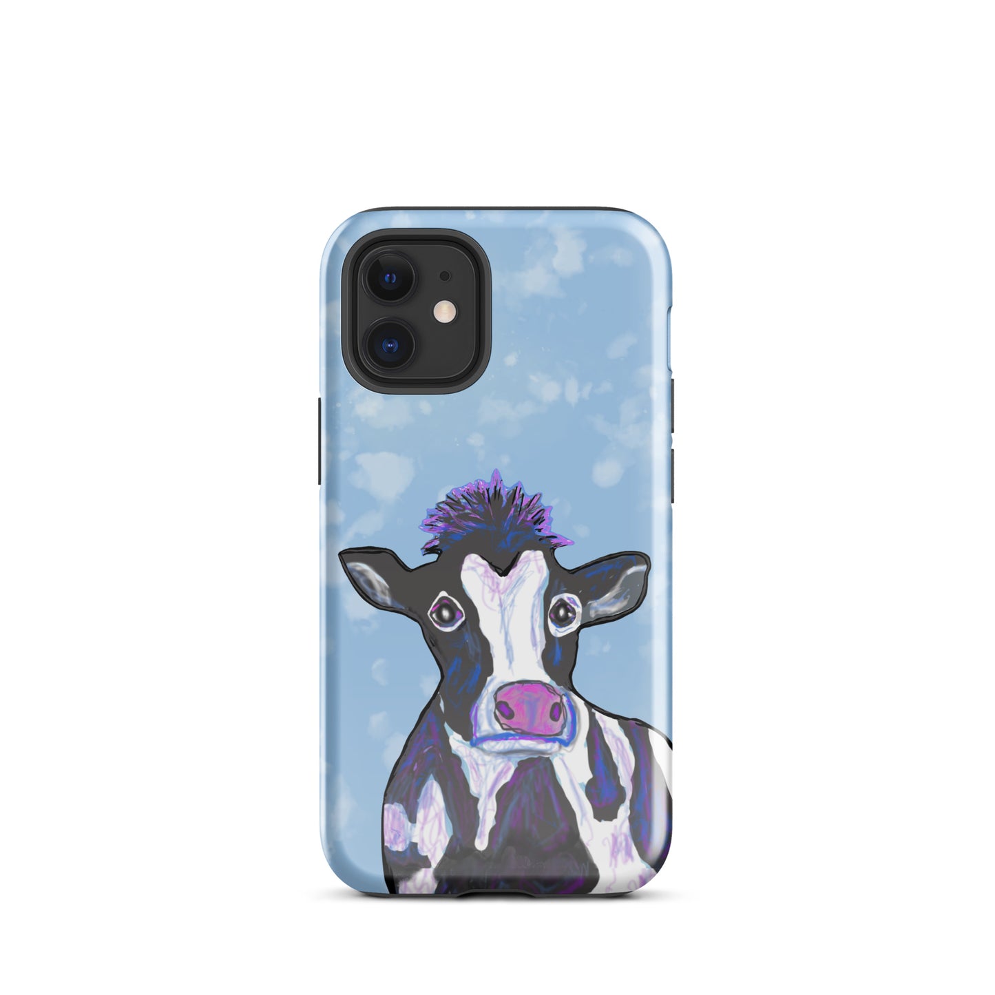 Soulful cow design on an iPhone 12-Mini case. Cow has black and white spots, a pink nose and big, soulful eyes.