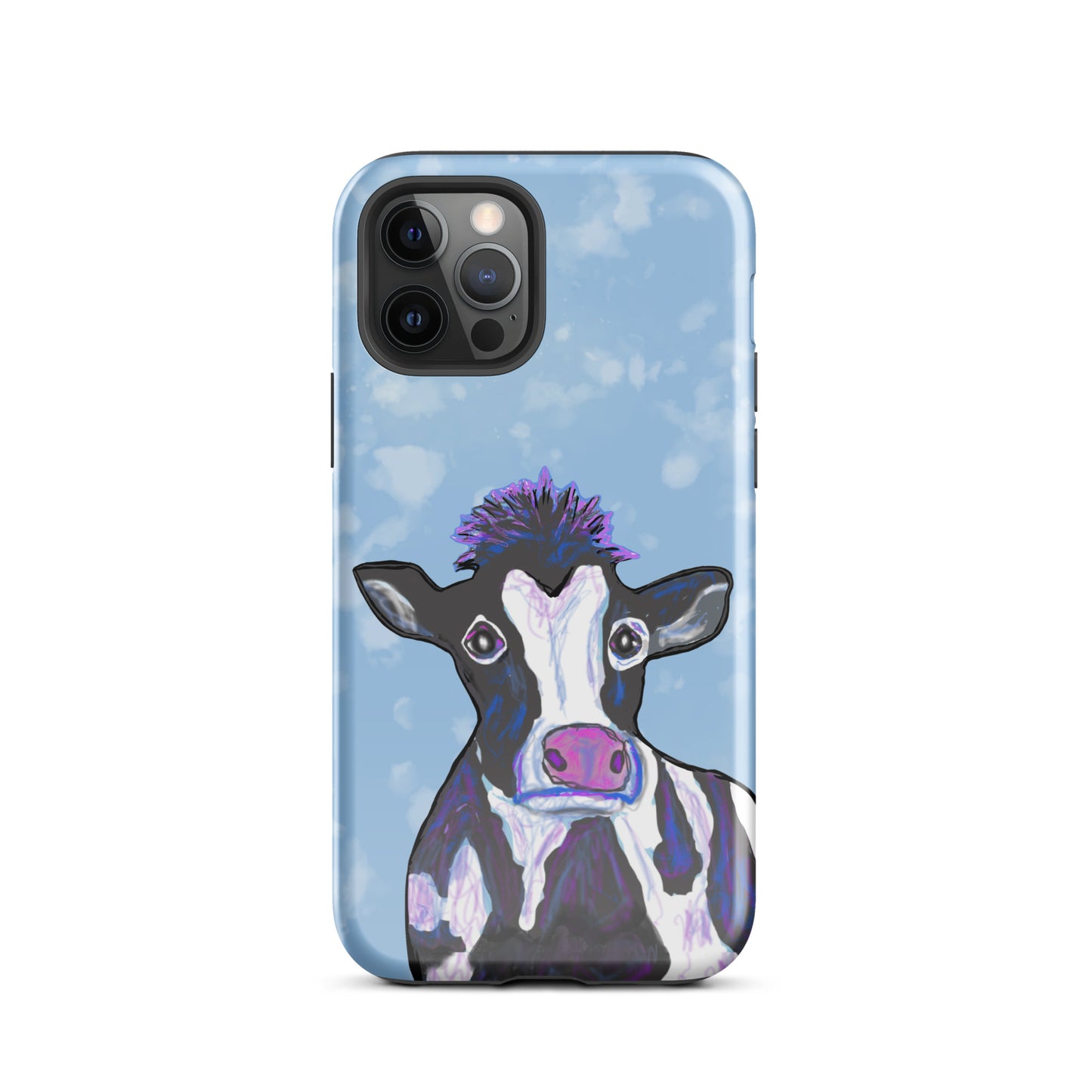 Soulful cow design on an iPhone 12 Pro case. Cow has black and white spots, a pink nose and big, soulful eyes.