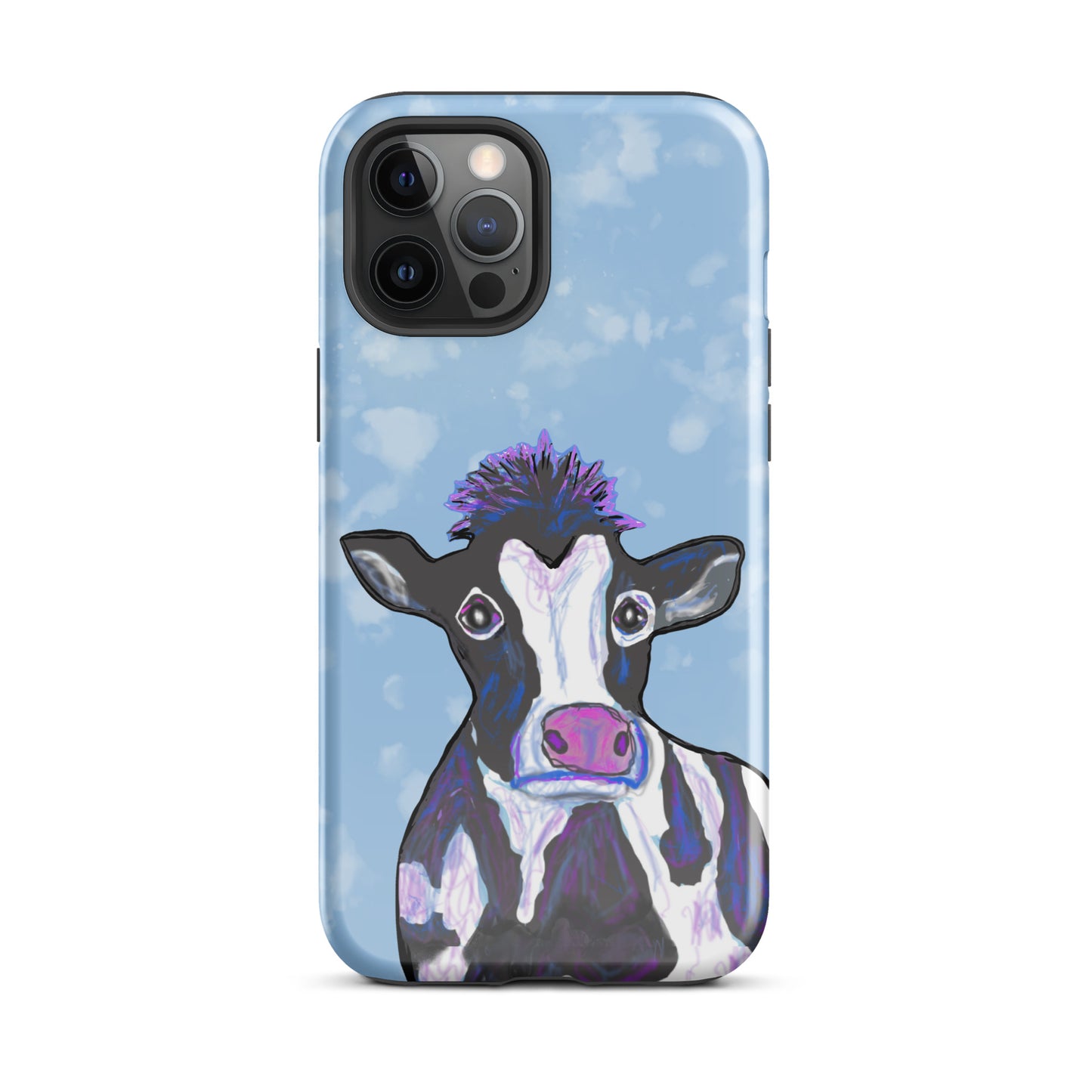 Soulful cow design on an iPhone 12 Pro Max case. Cow has black and white spots, a pink nose and big, soulful eyes.