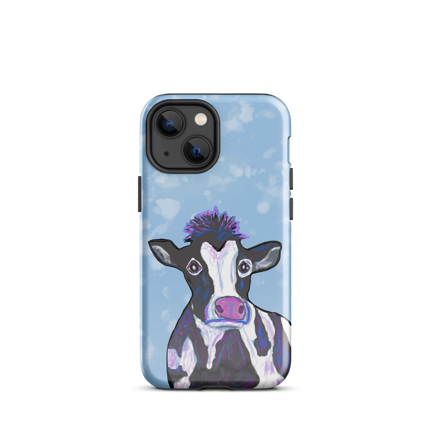 Soulful cow design on an iPhone 13 Mini case. Cow has black and white spots, a pink nose and big, soulful eyes.