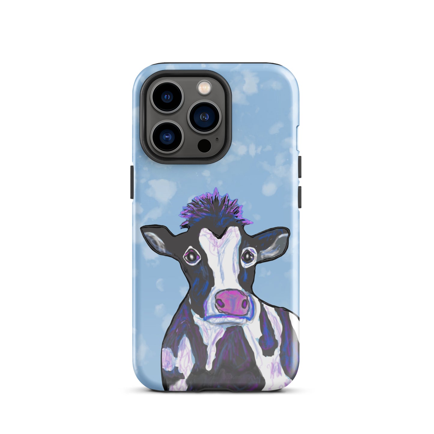 Soulful cow design on an iPhone 13 Pro case. Cow has black and white spots, a pink nose and big, soulful eyes.