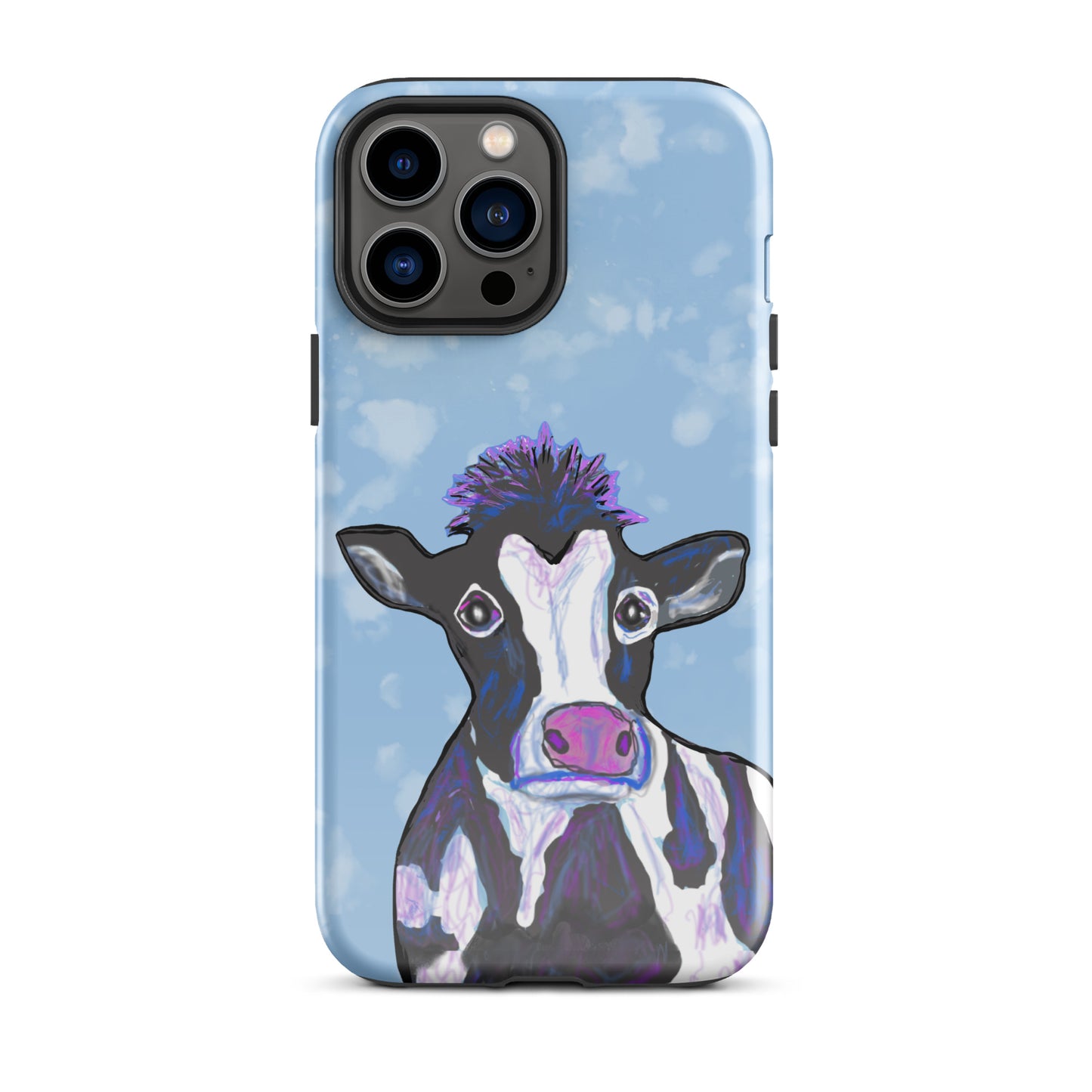 Soulful cow design on an iPhone 13 Pro Max case. Cow has black and white spots, a pink nose and big, soulful eyes.