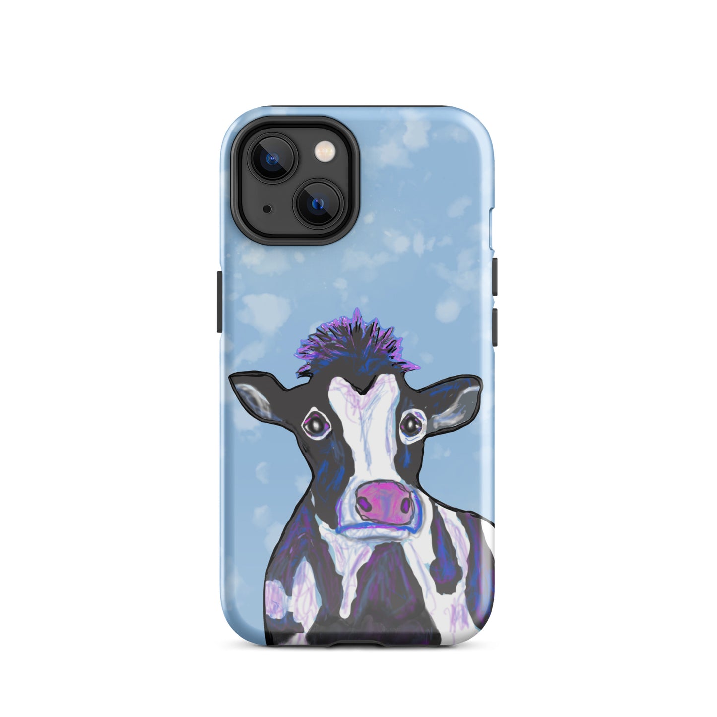 Soulful cow design on an iPhone 14 case. Cow has black and white spots, a pink nose and big, soulful eyes.