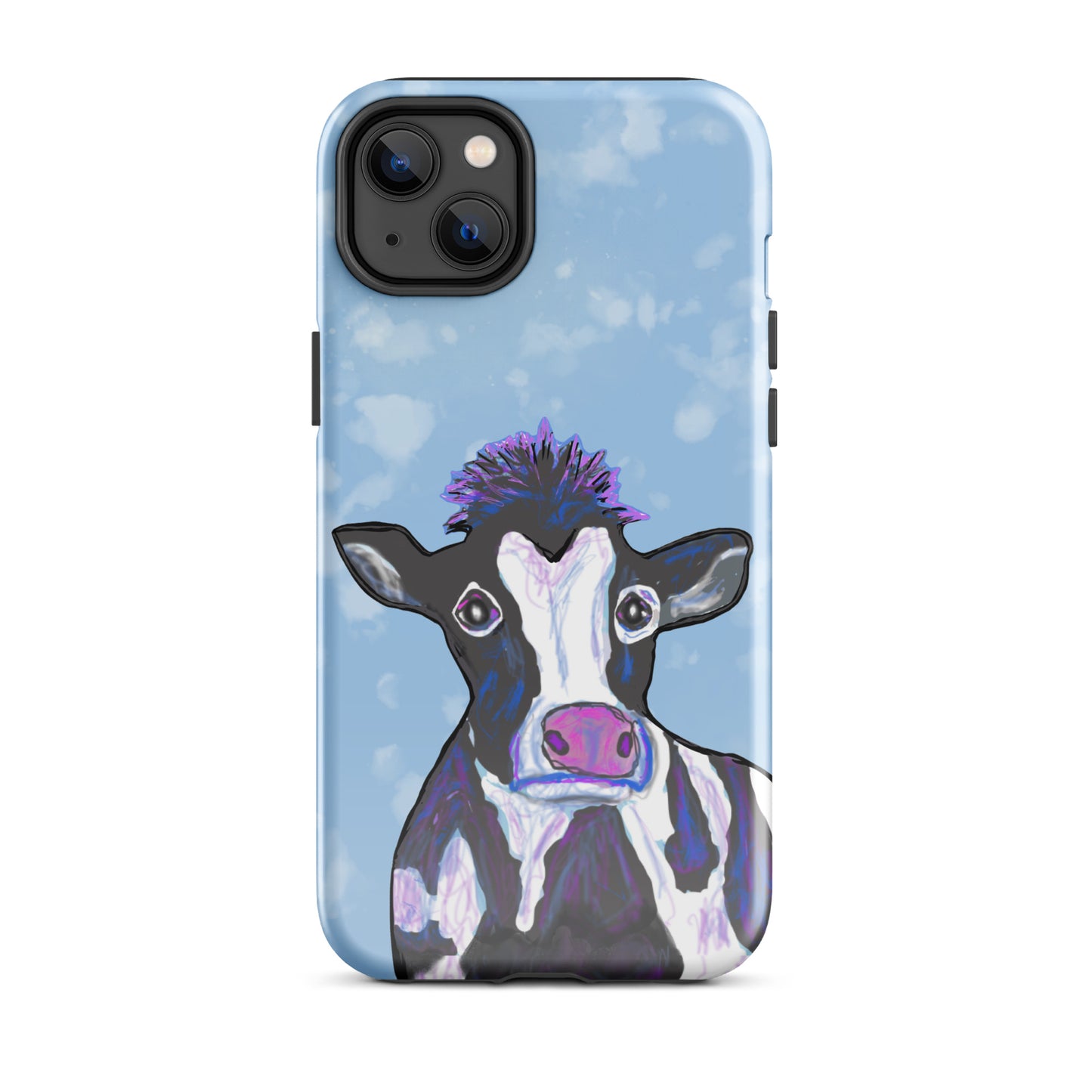 Soulful cow design on an iPhone 14 Plus case. Cow has black and white spots, a pink nose and big, soulful eyes.