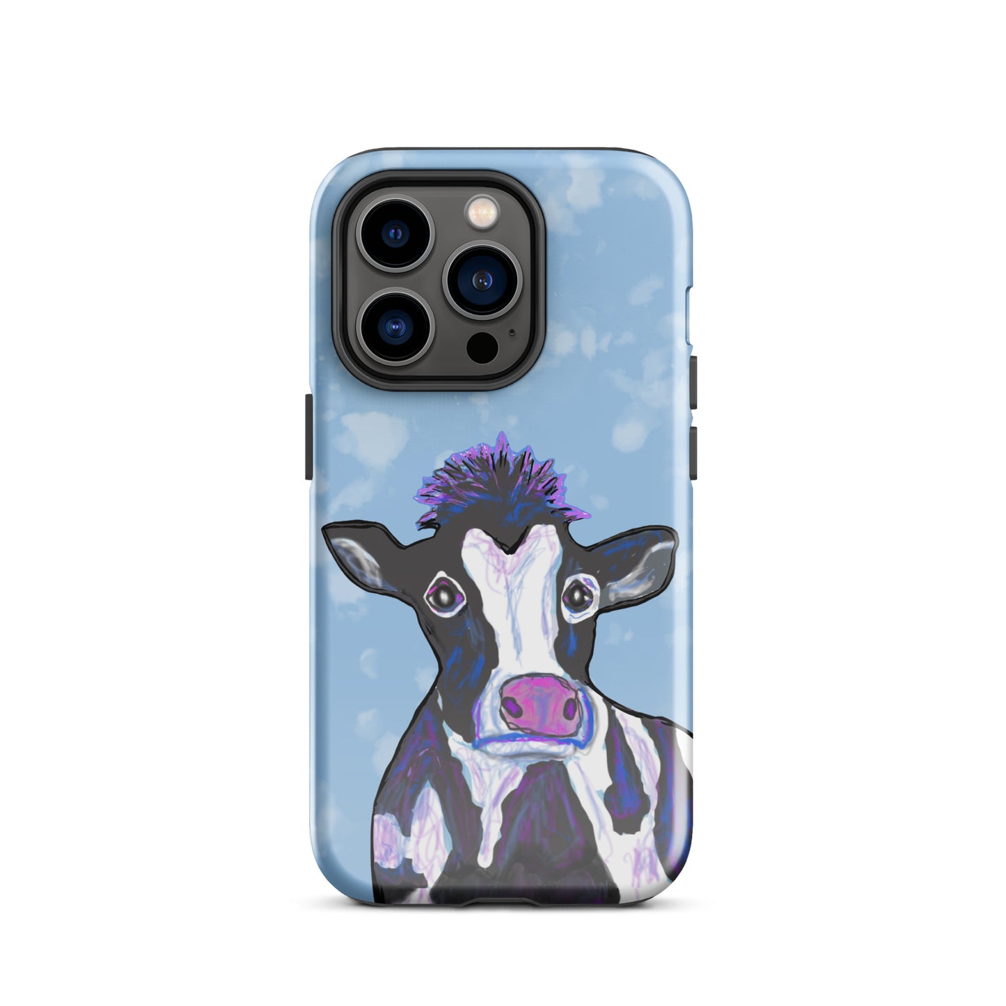 Soulful cow design on an iPhone 14 Pro case. Cow has black and white spots, a pink nose and big, soulful eyes.