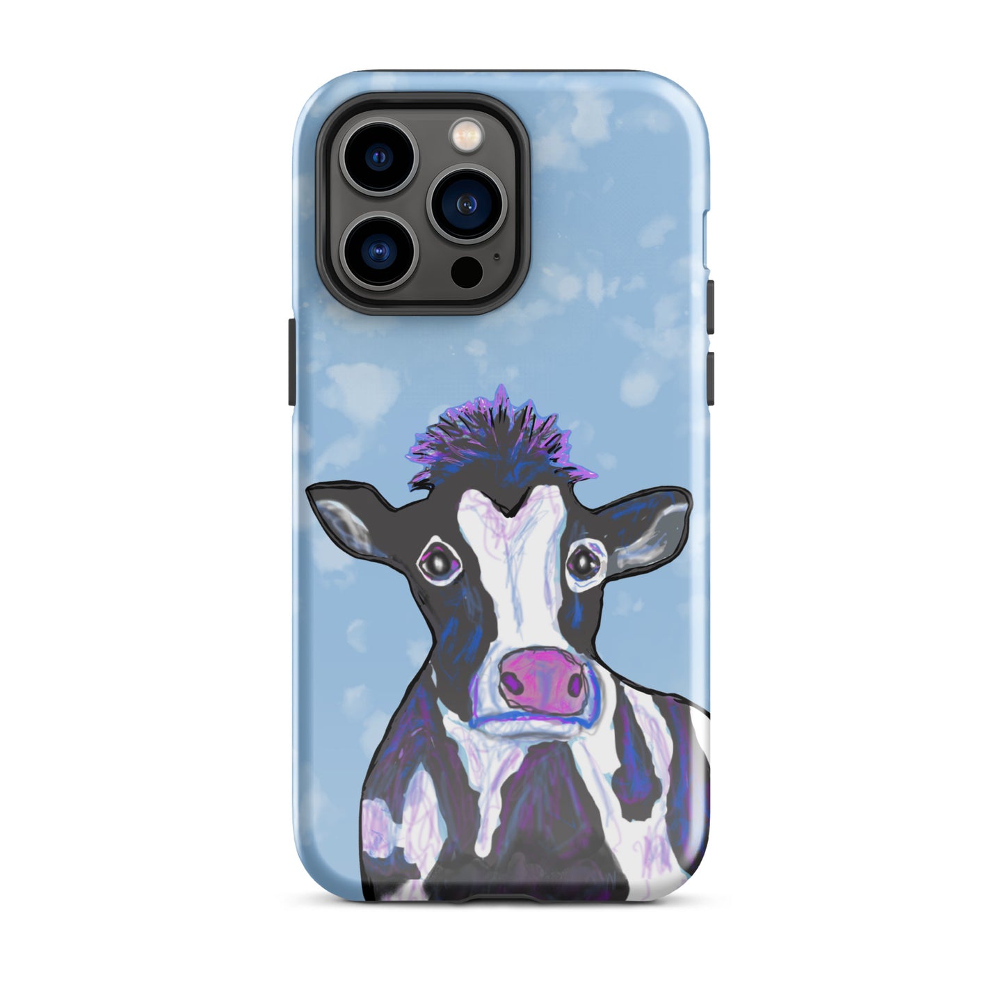 Soulful cow design on an iPhone 14 Pro Max case. Cow has black and white spots, a pink nose and big, soulful eyes.