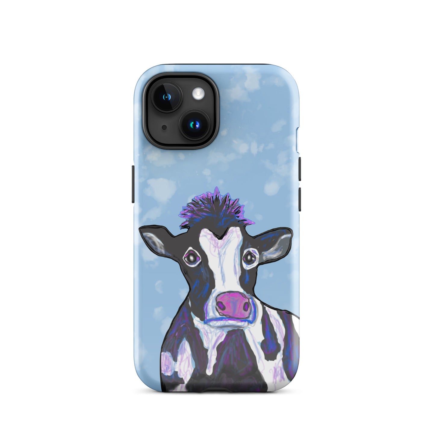 Soulful cow design on an iPhone 15 case. Cow has black and white spots, a pink nose and big, soulful eyes.