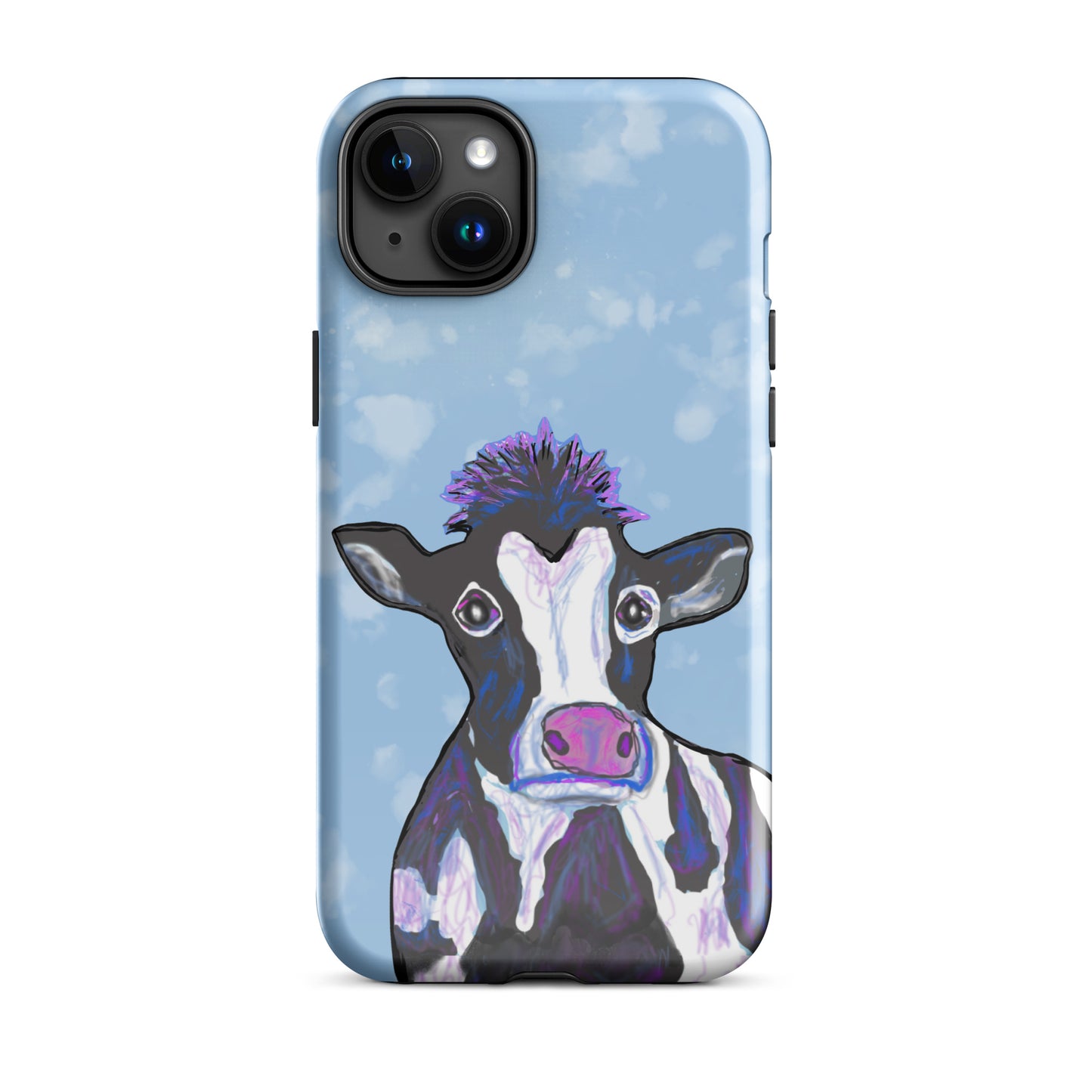 Soulful cow design on an iPhone 15 Plus case. Cow has black and white spots, a pink nose and big, soulful eyes.