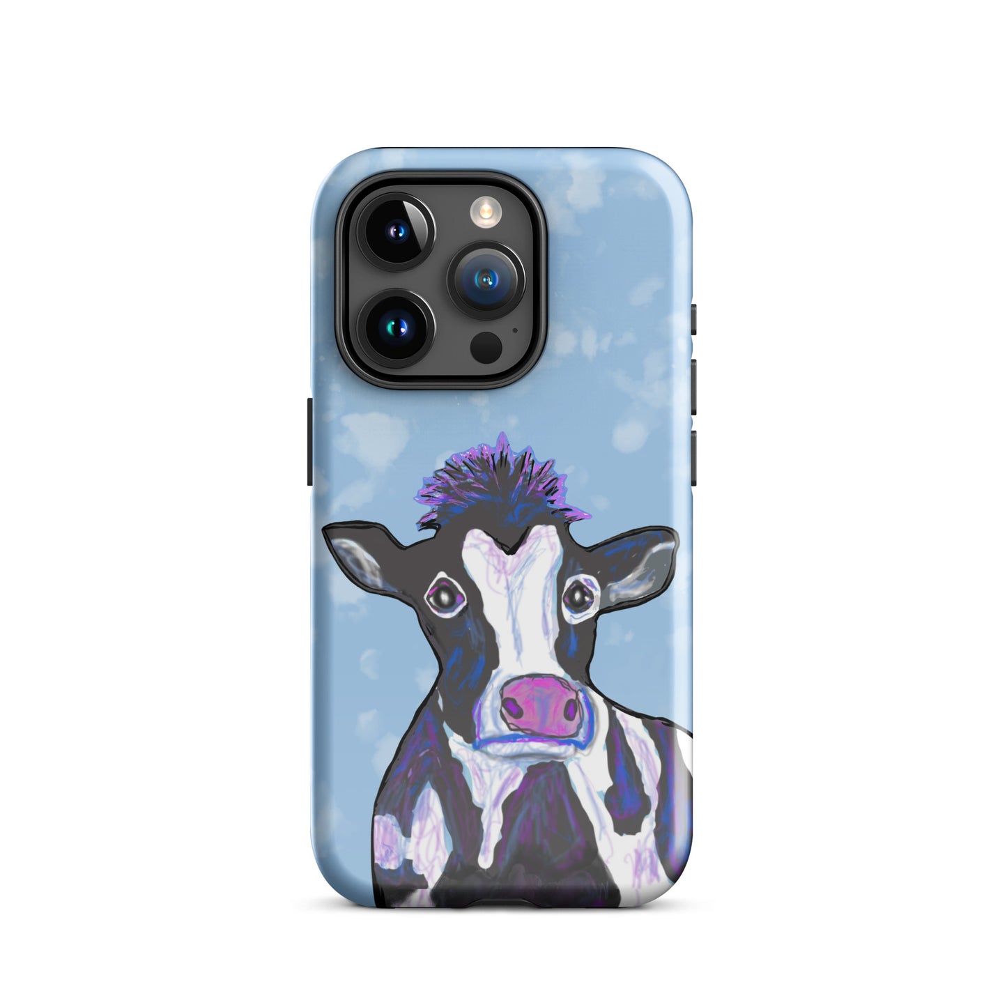 Soulful cow design on an iPhone 15 Pro case. Cow has black and white spots, a pink nose and big, soulful eyes.