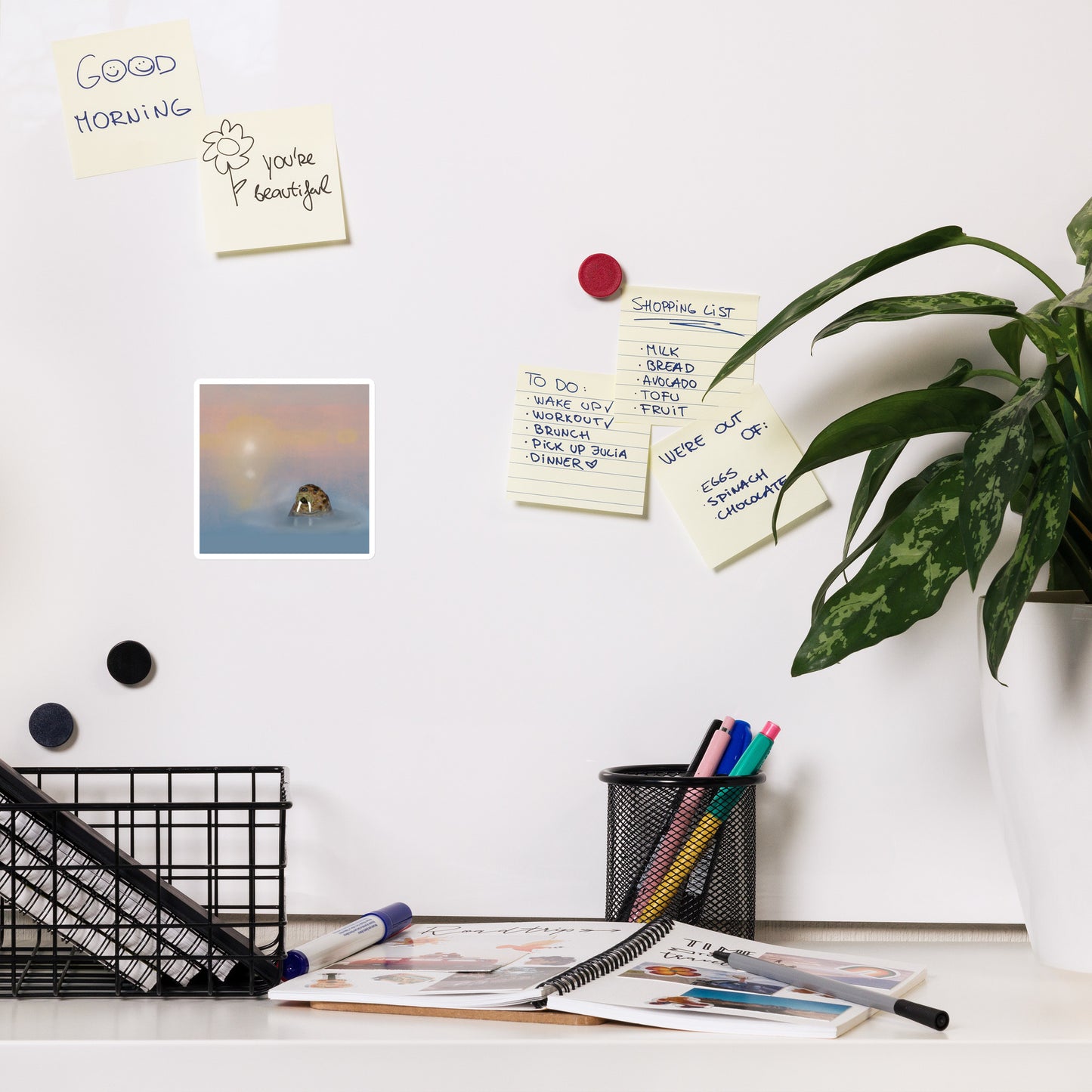 Desk with stationery items, notes, and a plant on a white wall. There is a square magnet with an image of a walrus in a misty sea on the wall.