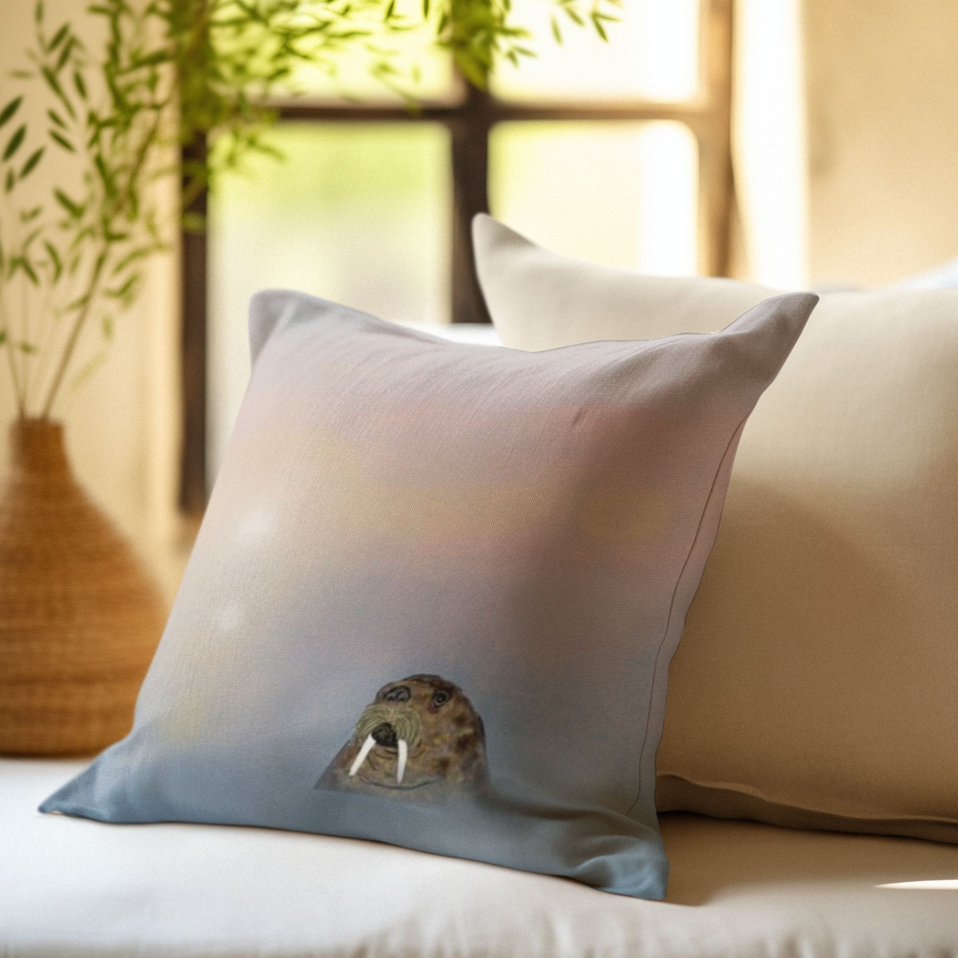 Decorative pillow with a walrus bobbing in a misty sea on a couch in a quiet and peaceful room.