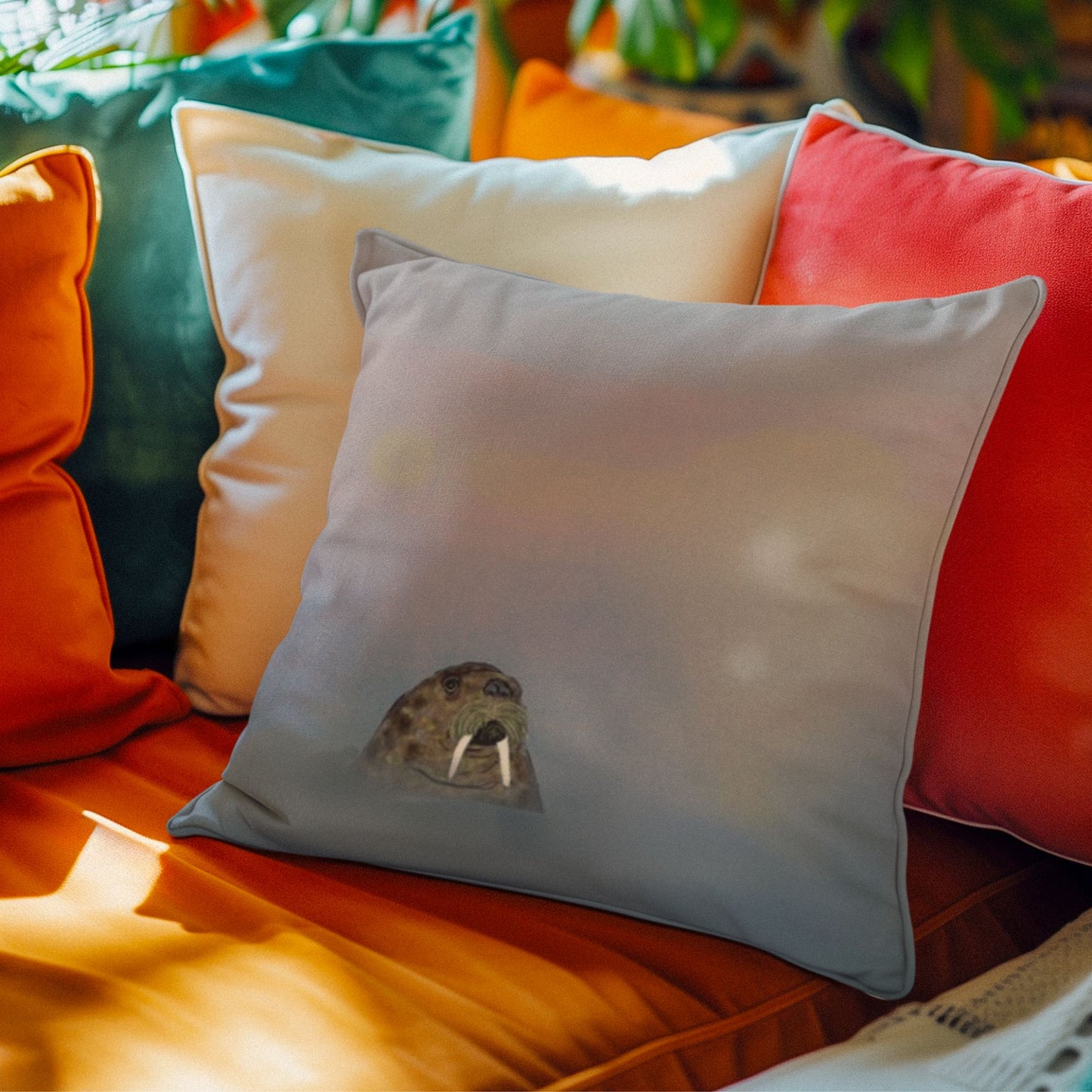 Colorful pillows on a couch with a pillow featuring an image of a walrus bobbing his head above a misty sea.