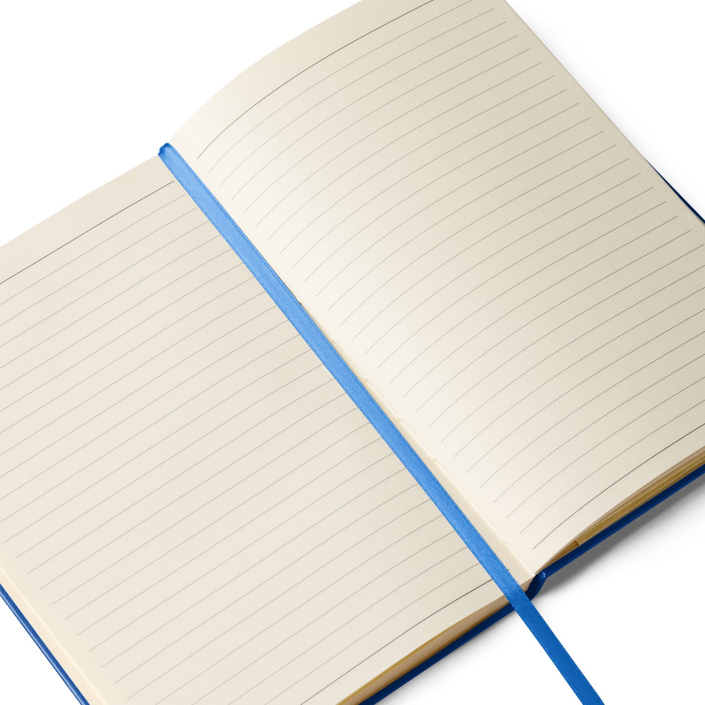 Open notebook with blue binding on a white background
