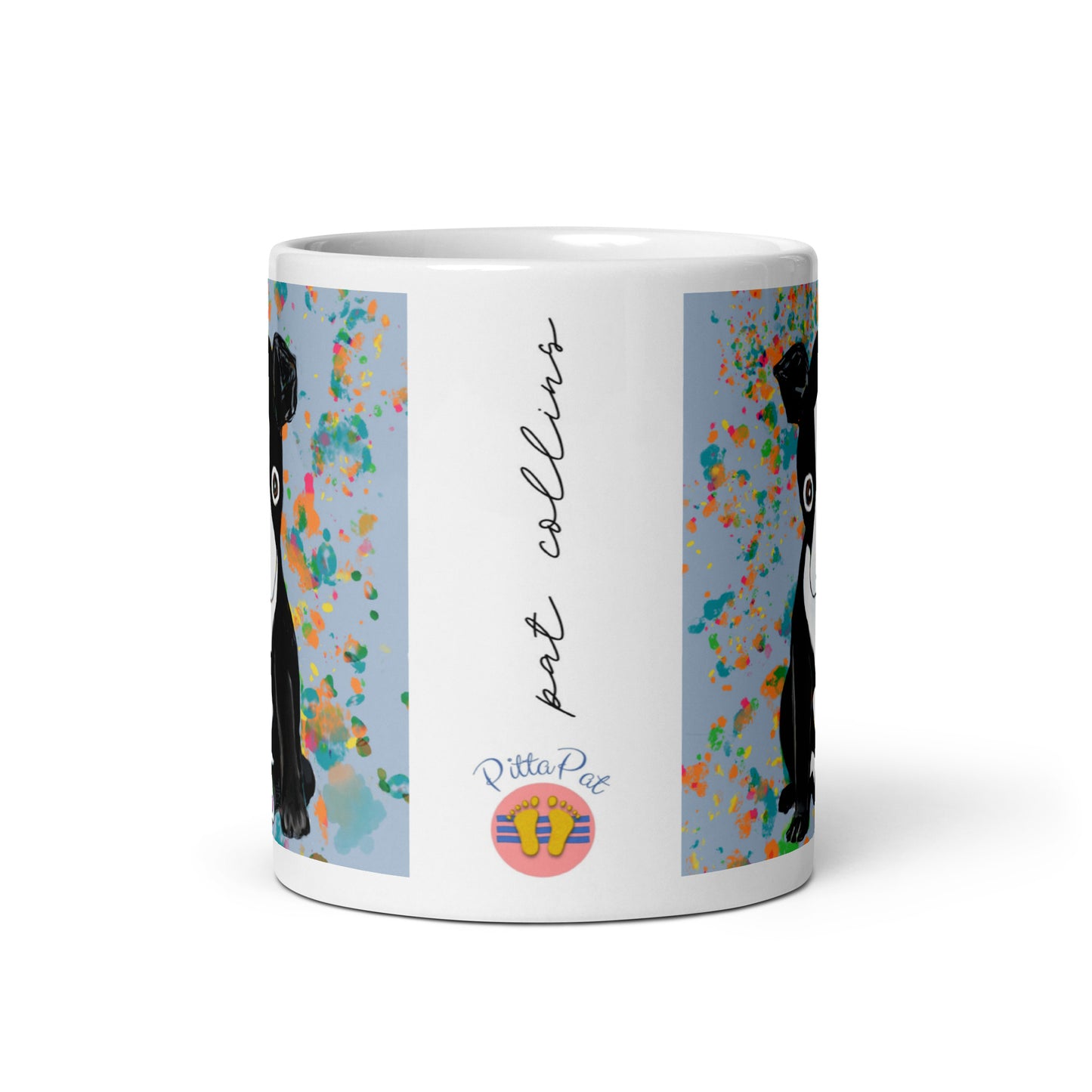 PittaPat logo and artists signature on Boston Terrier Spirit mug.