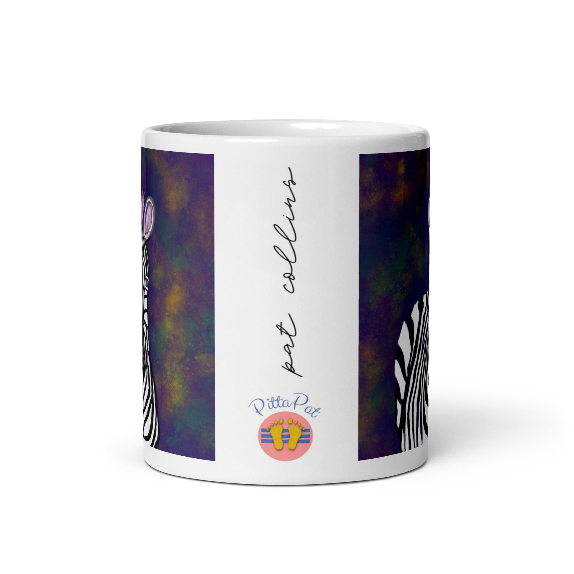 White ceramic zebra spirit mug with PIttaPat logo and the artist's signature.