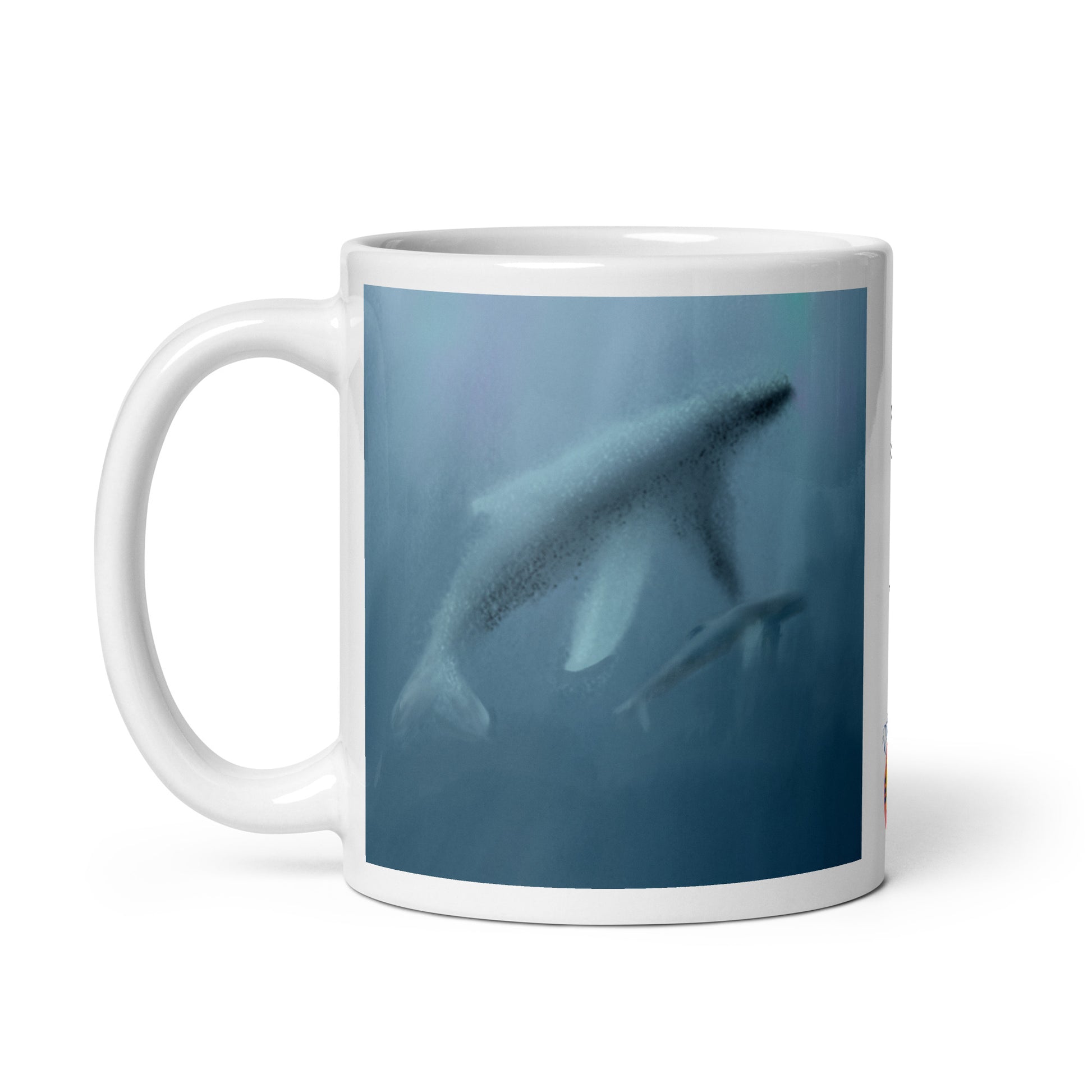 Front view ceramic mug with whale mother and calf carrying the ancient song of endurance and belonging