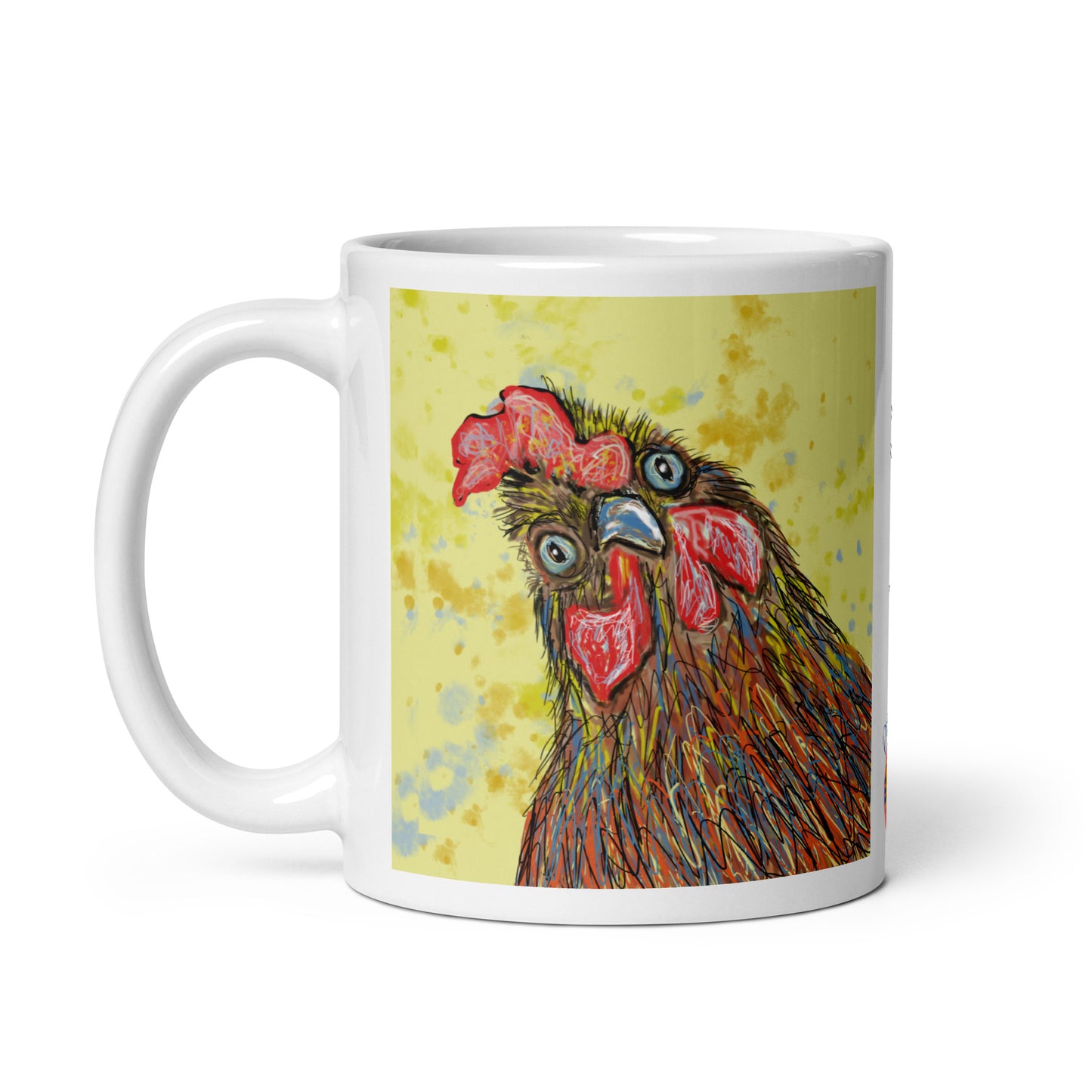 Mug with a colorful rooster design on a white background. 11 oz mug