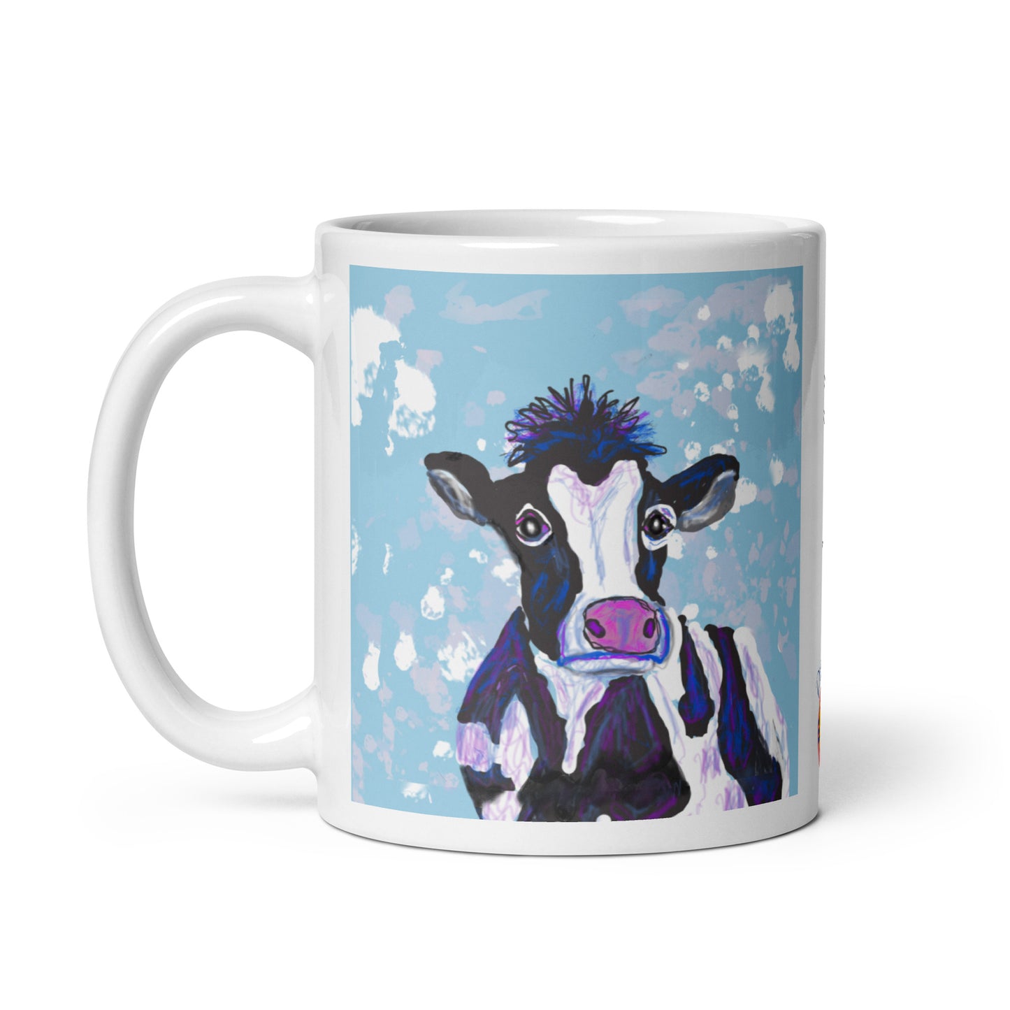 White ceramic mug with original cow spirit artwork, symbolizing nurturing, abundance, and the gentle strength of Earth. 11 oz