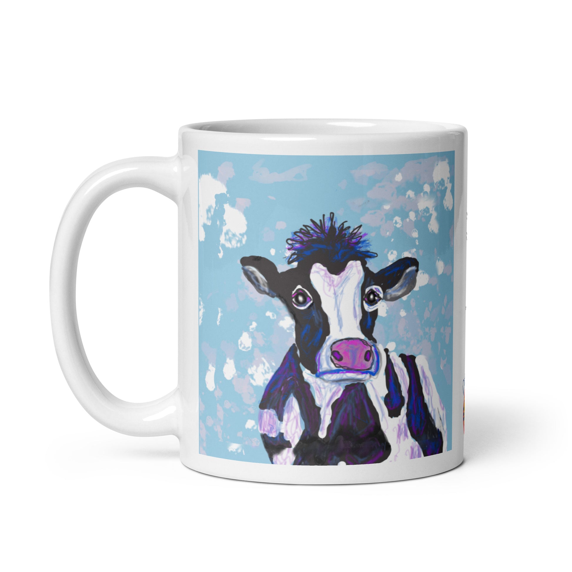 White ceramic mug with original cow spirit artwork, symbolizing nurturing, abundance, and the gentle strength of Earth. 11 oz